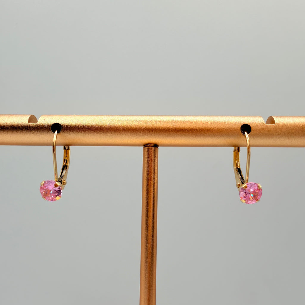 Solid 14K Yellow Gold Drop Earrings with Round Cut Pink Gemstones