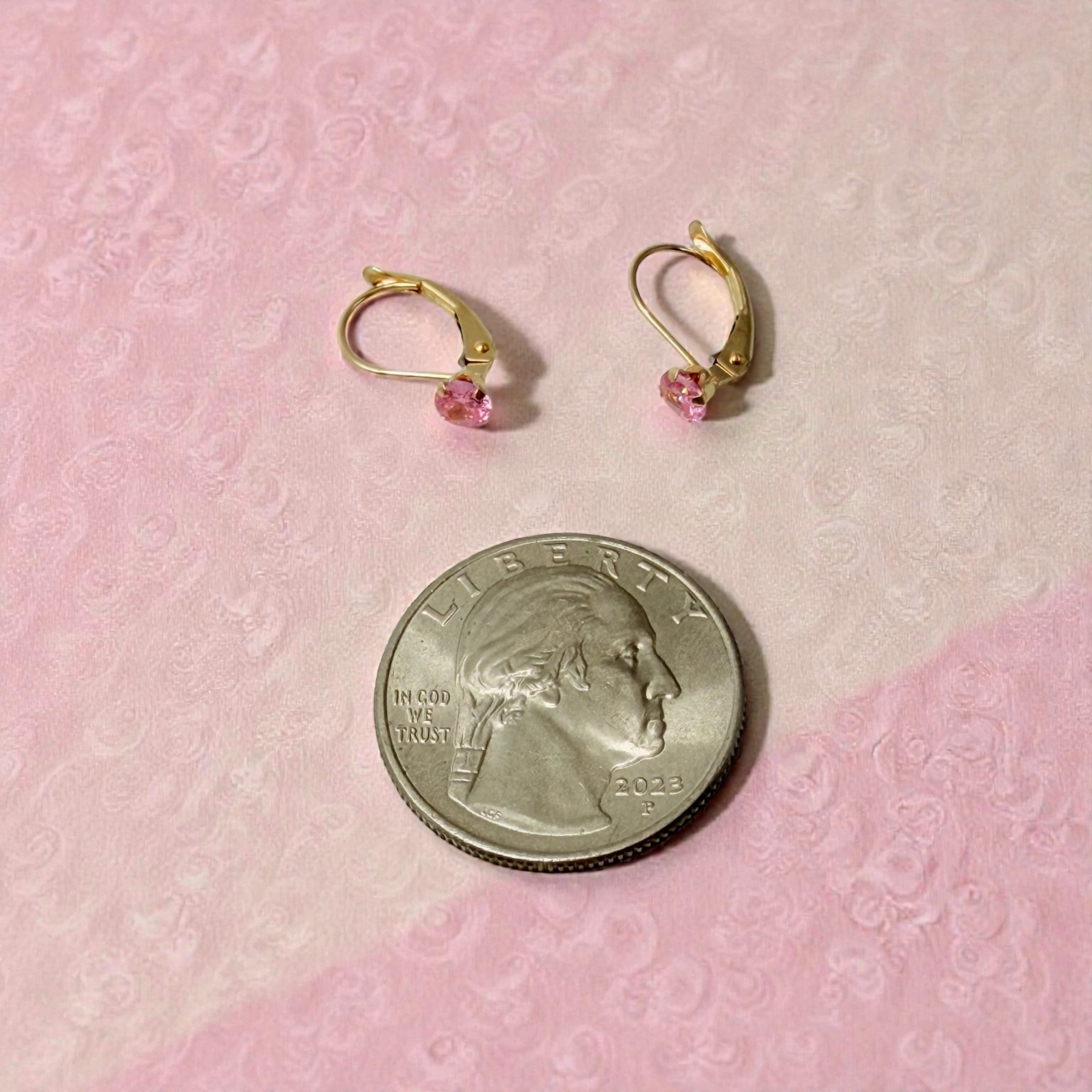 Solid 14K Yellow Gold Drop Earrings with Round Cut Pink Gemstones