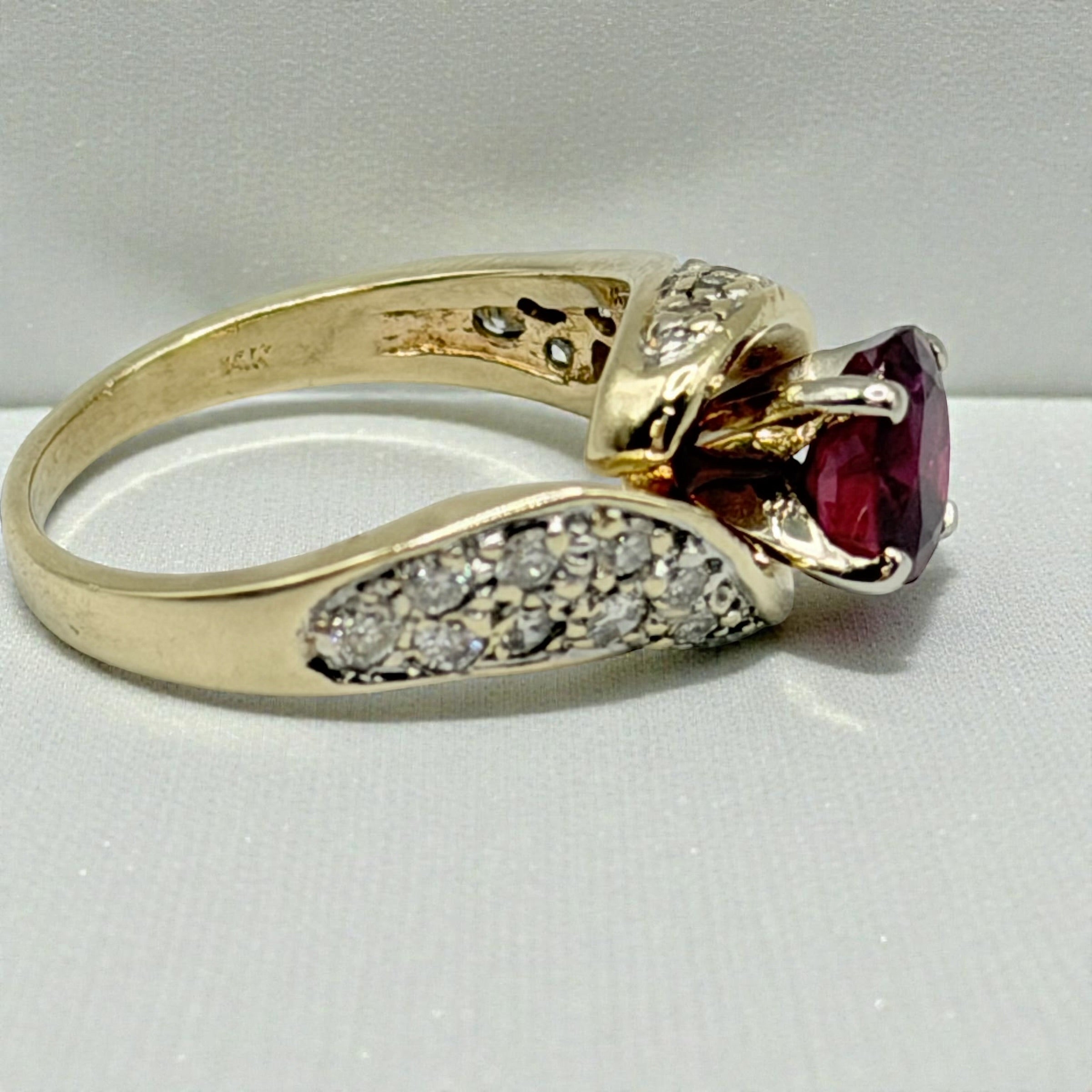 Solid 14K Yellow Gold Ruby Ring with 24 Diamond Accents – Size 5.5