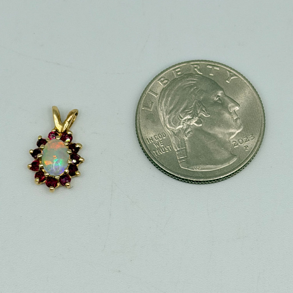 Solid 14K Yellow Gold Necklace Pendant with Oval Cut Opal and Ruby Halo
