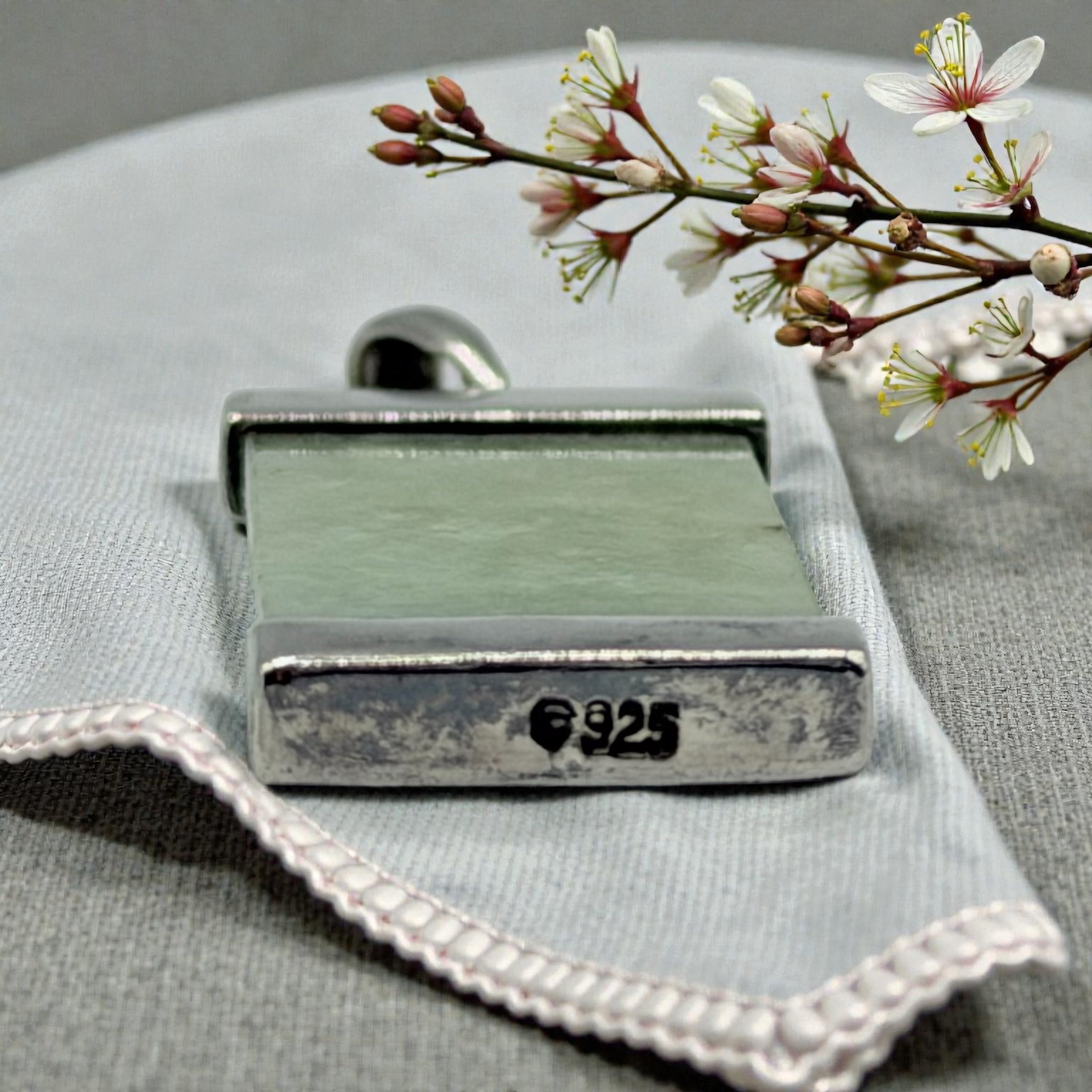 925 Sterling Silver Asian Necklace Pendant with Green Jade