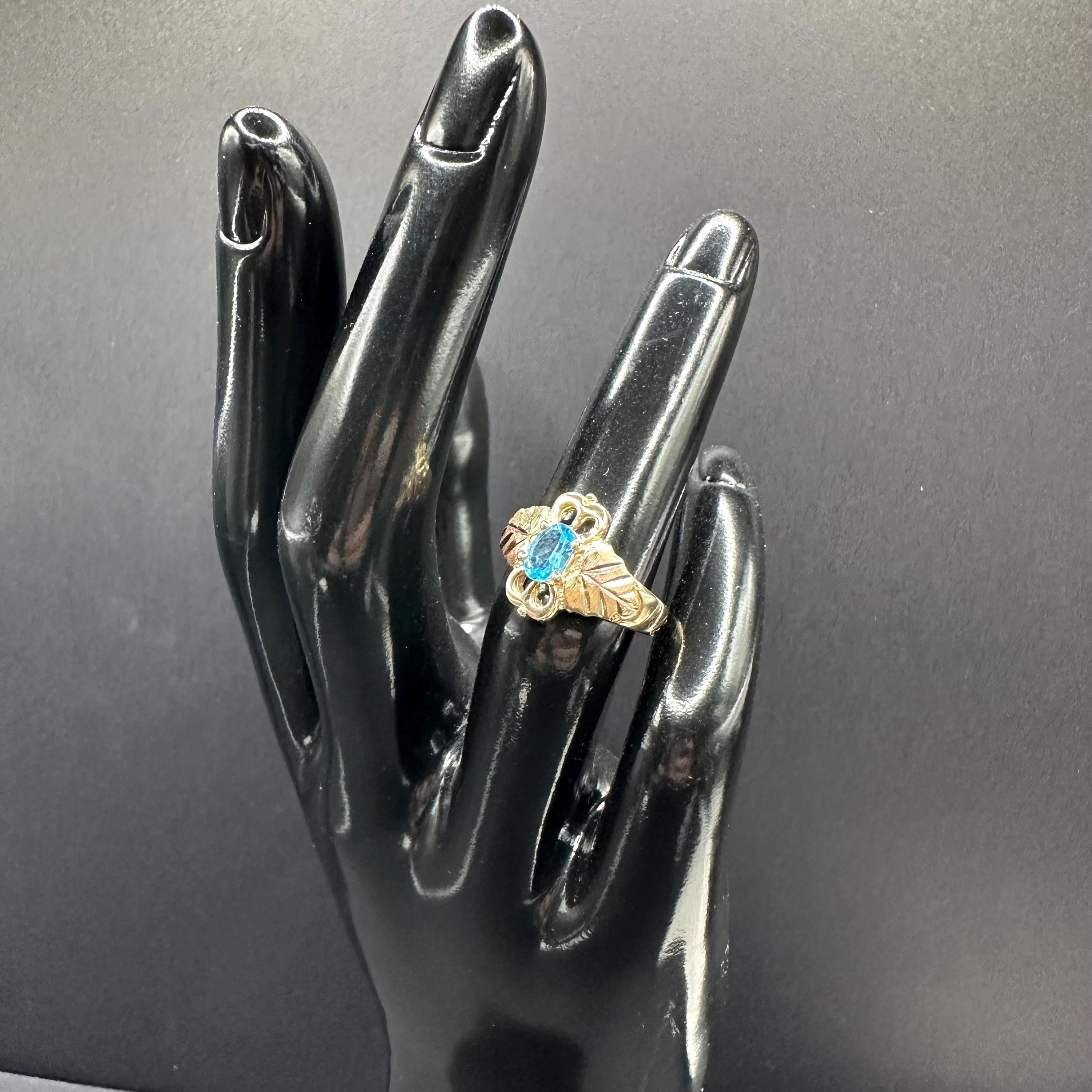 10K Gold Black Hills Gold Ring with Blue Topaz Stone Size 4.75