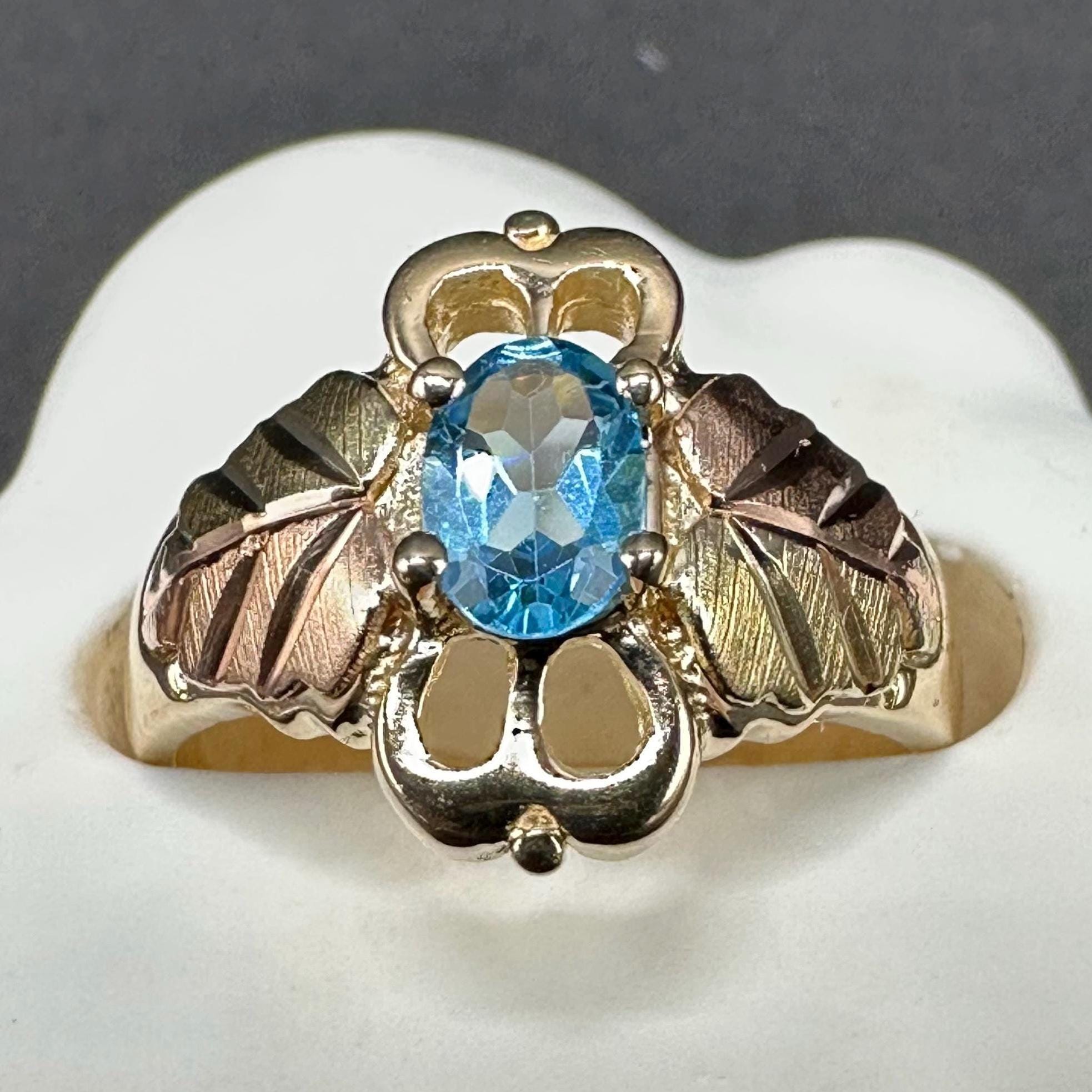 10K Gold Black Hills Gold Ring with Blue Topaz Stone Size 4.75