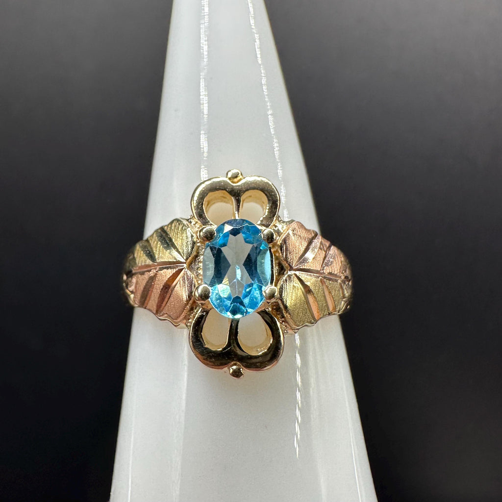10K Gold Black Hills Gold Ring with Blue Topaz Stone Size 4.75