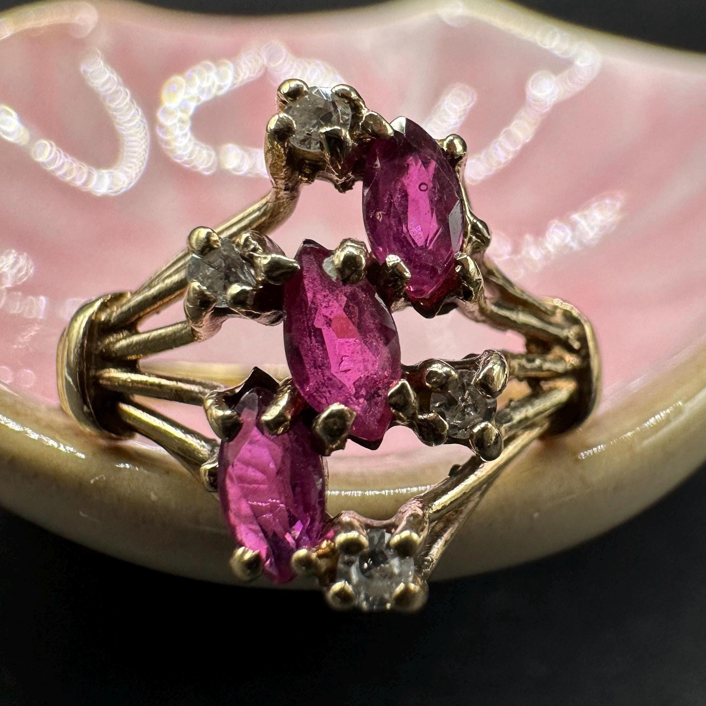 10K Gold Ring with Natural Rubies and Diamonds Size 5.75