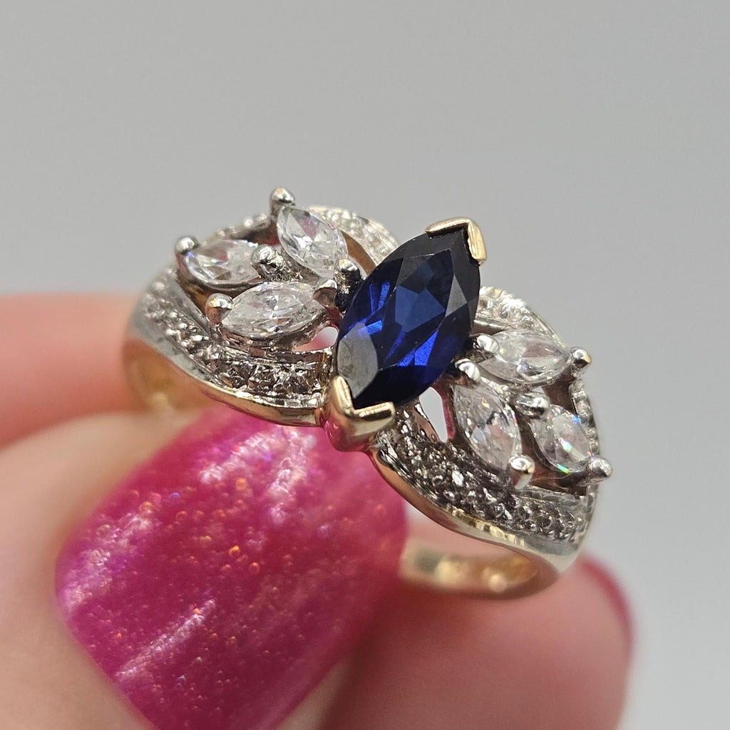 10K Solid Gold Blue Sapphire Ring, Marquise Sapphire with CZ Accents, Vintage Style Gold Ring Size 7