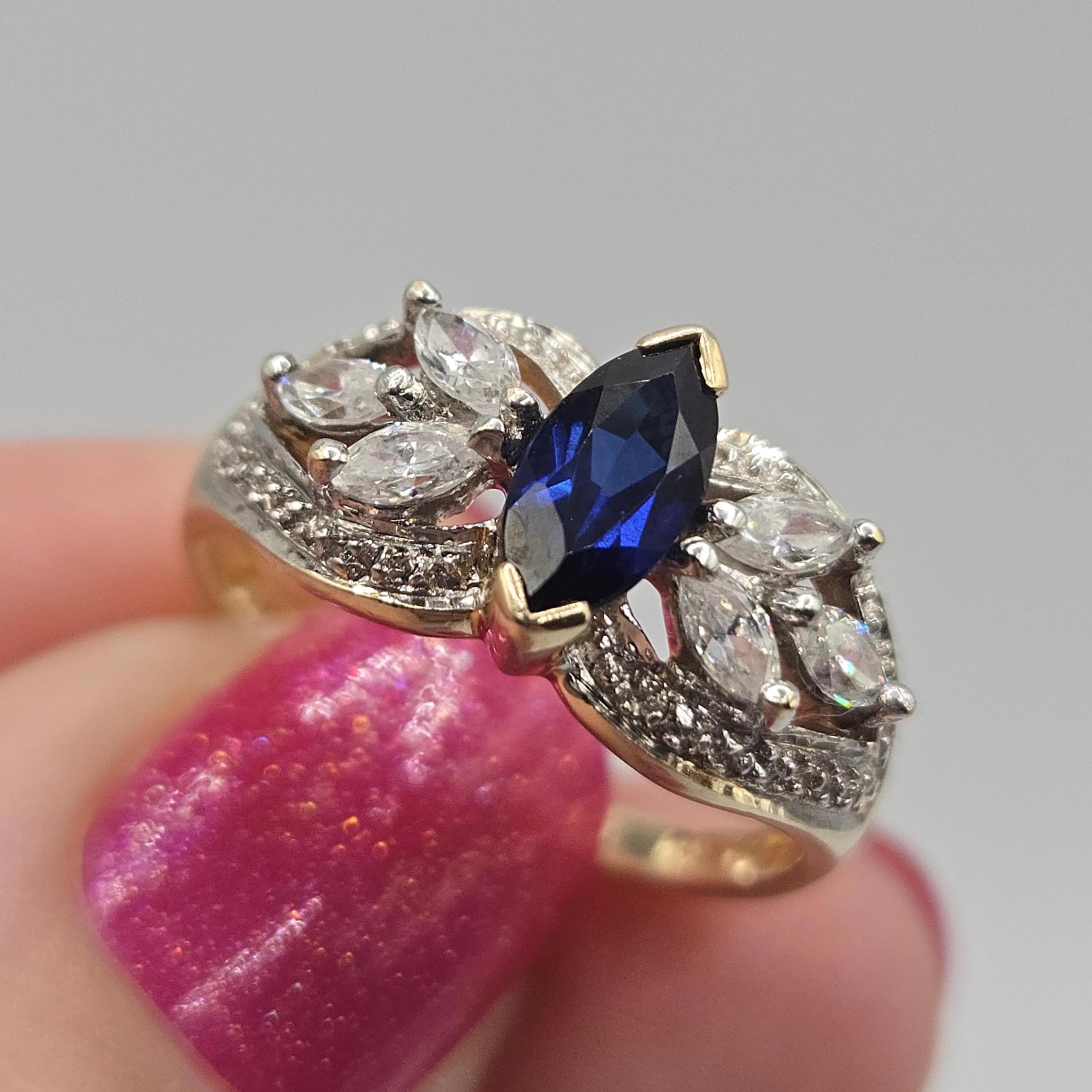 10K Solid Gold Blue Sapphire Ring, Marquise Sapphire with CZ Accents, Vintage Style Gold Ring Size 7