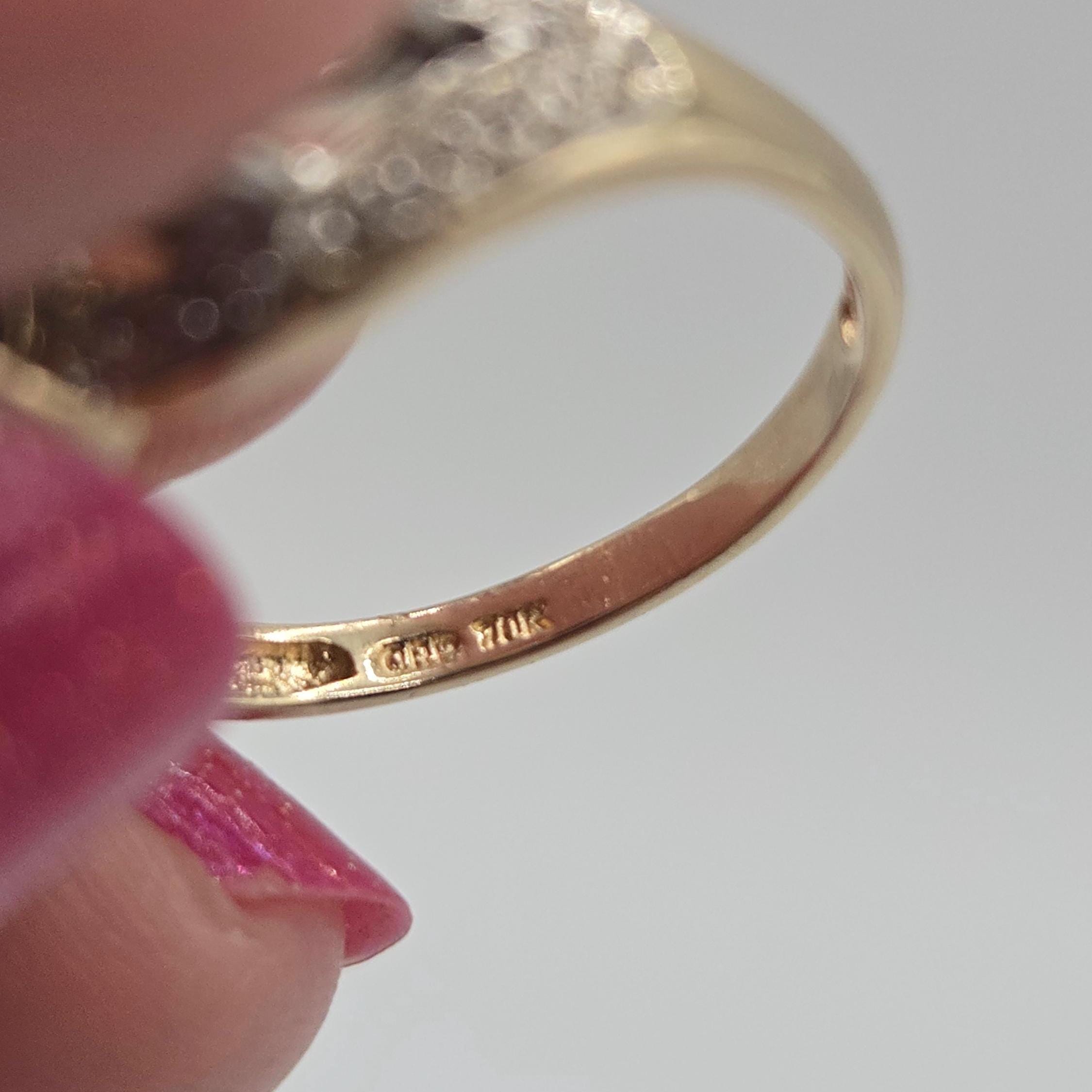 10K Solid Gold Blue Sapphire Ring, Marquise Sapphire with CZ Accents, Vintage Style Gold Ring Size 7
