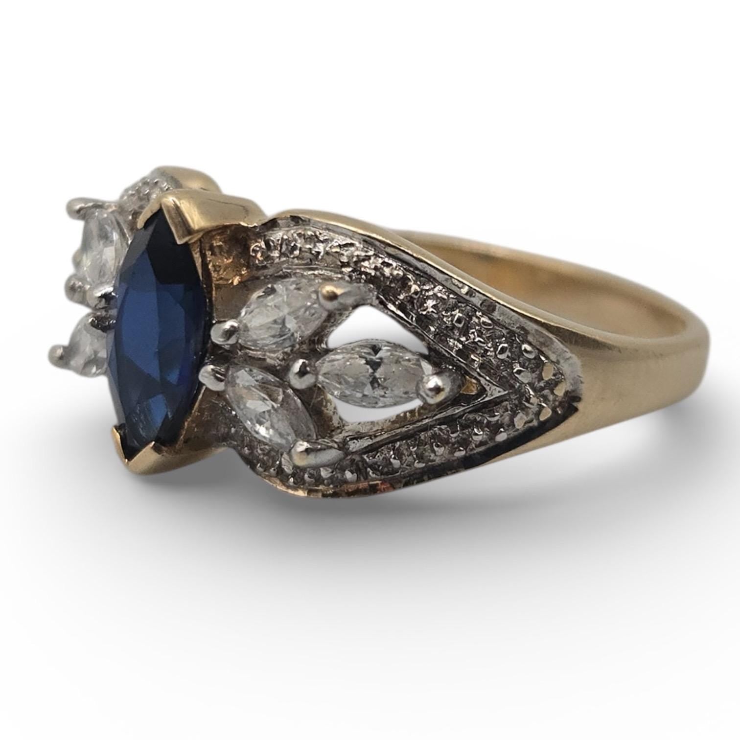 10K Solid Gold Blue Sapphire Ring, Marquise Sapphire with CZ Accents, Vintage Style Gold Ring Size 7