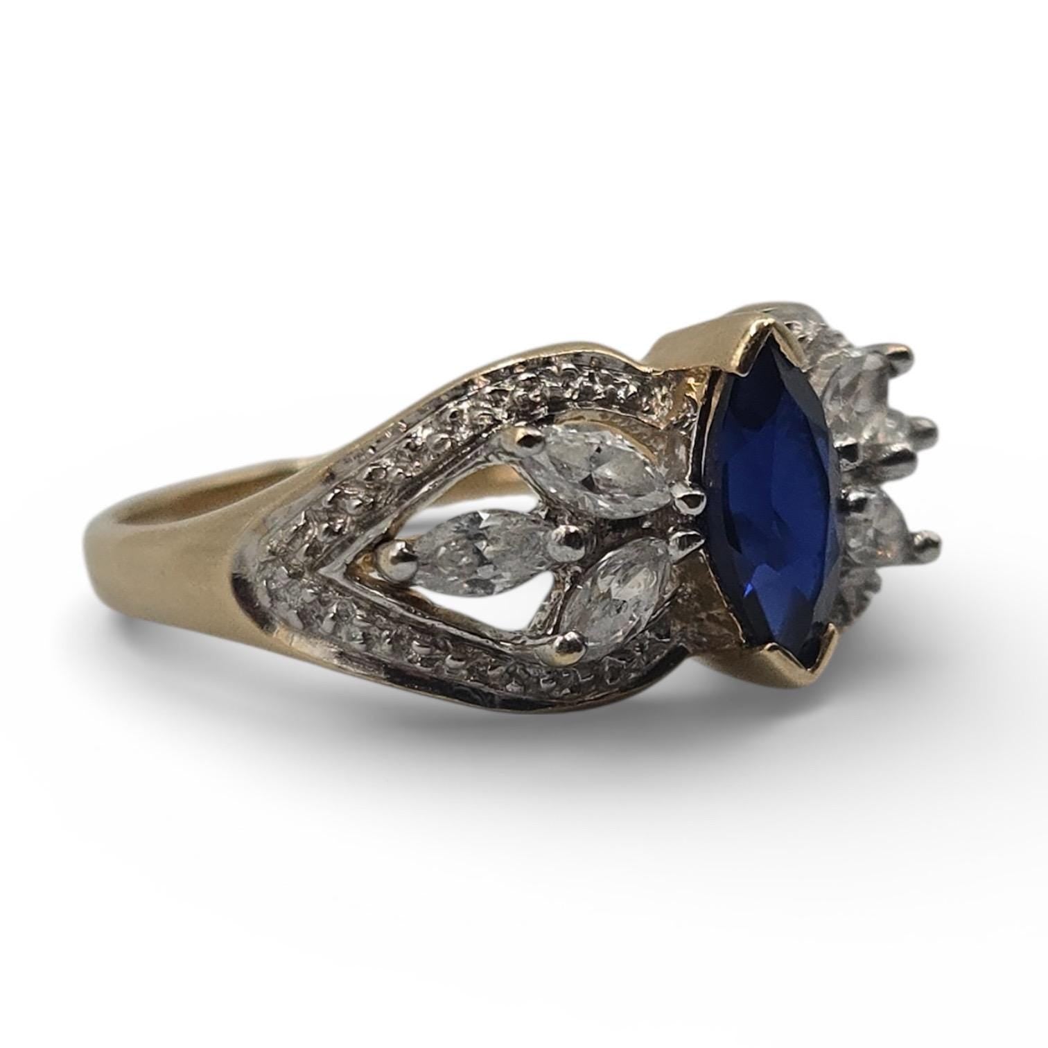10K Solid Gold Blue Sapphire Ring, Marquise Sapphire with CZ Accents, Vintage Style Gold Ring Size 7