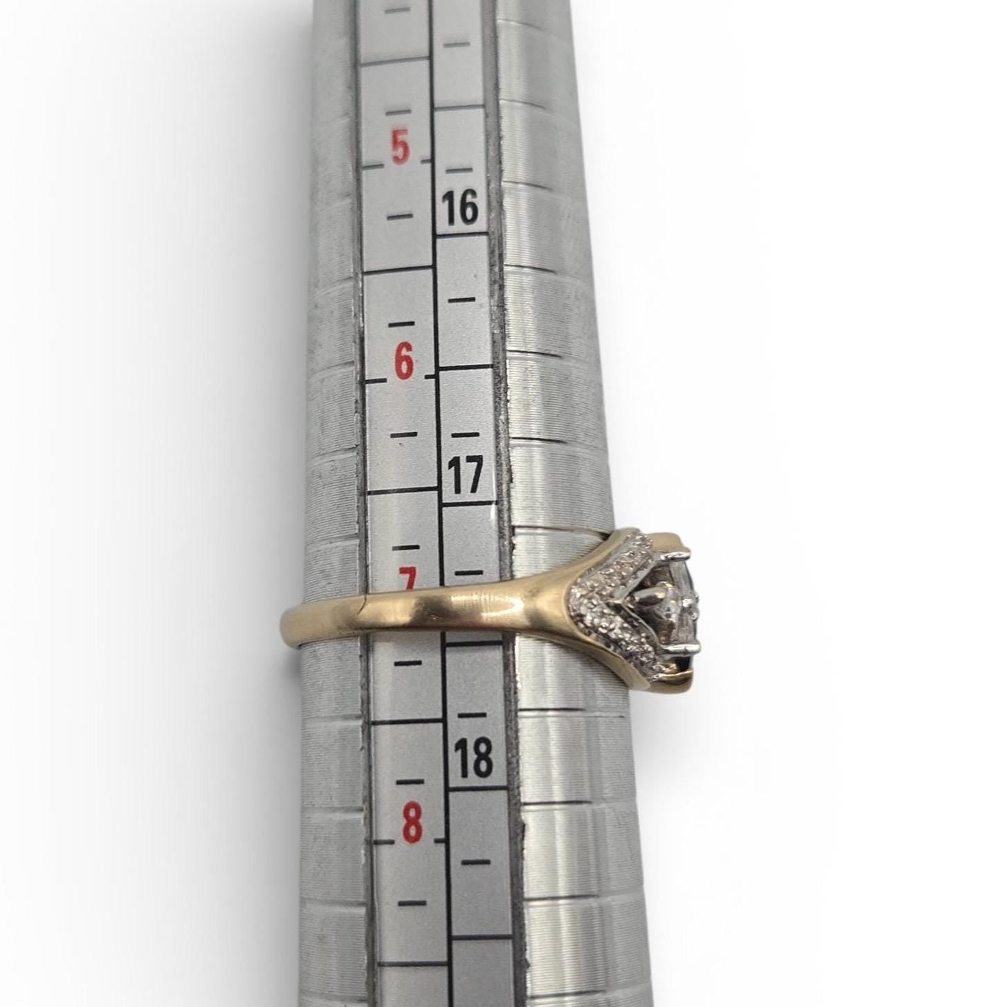 10K Solid Gold Blue Sapphire Ring, Marquise Sapphire with CZ Accents, Vintage Style Gold Ring Size 7