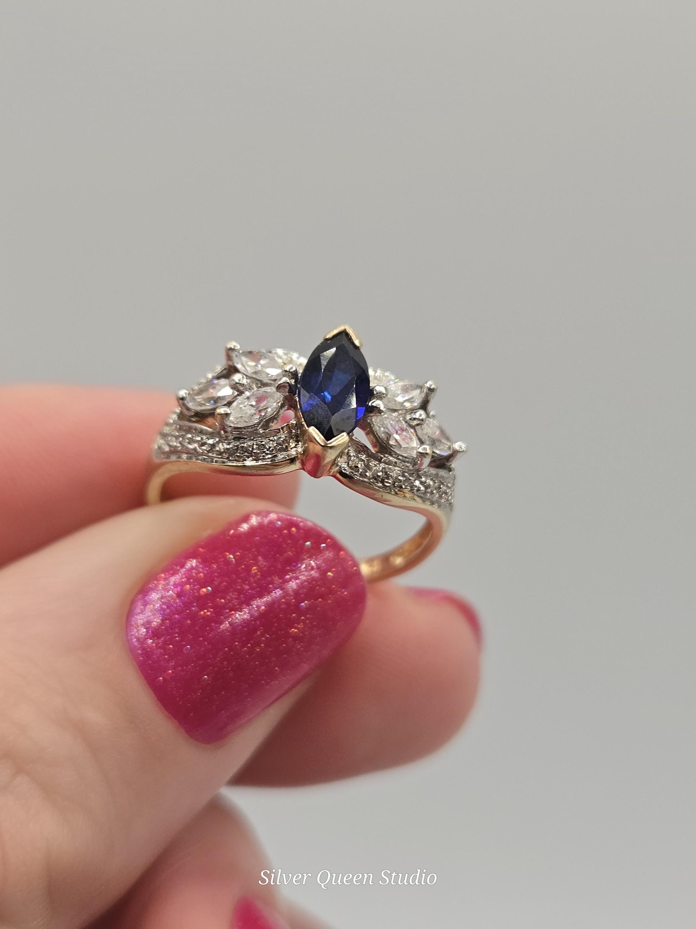 10K Solid Gold Blue Sapphire Ring, Marquise Sapphire with CZ Accents, Vintage Style Gold Ring Size 7
