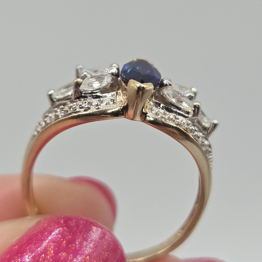 10K Solid Gold Blue Sapphire Ring, Marquise Sapphire with CZ Accents, Vintage Style Gold Ring Size 7