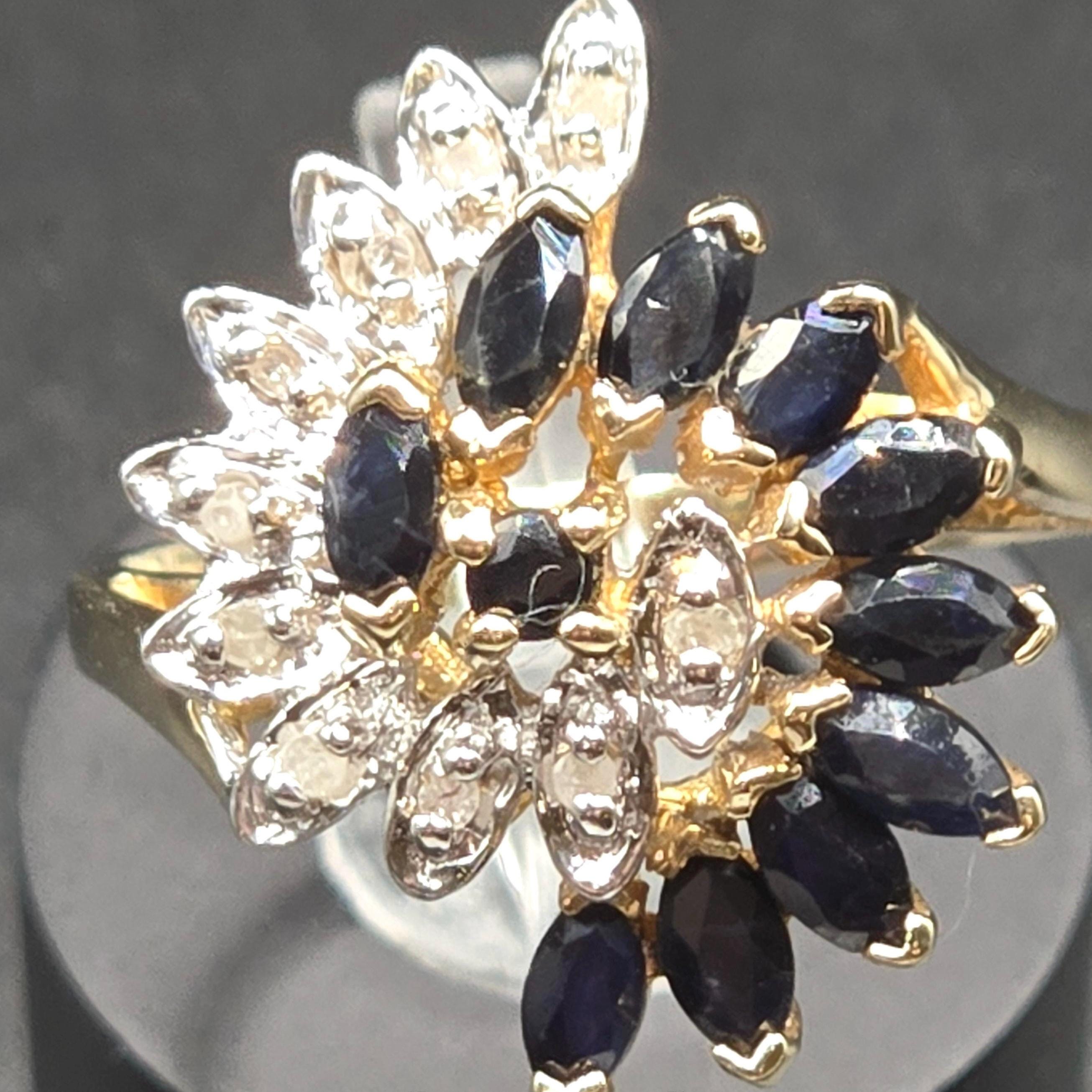 10K Solid Gold Blue Sapphire and Diamond Cluster Ring, Size 7, Vintage Floral Halo Design