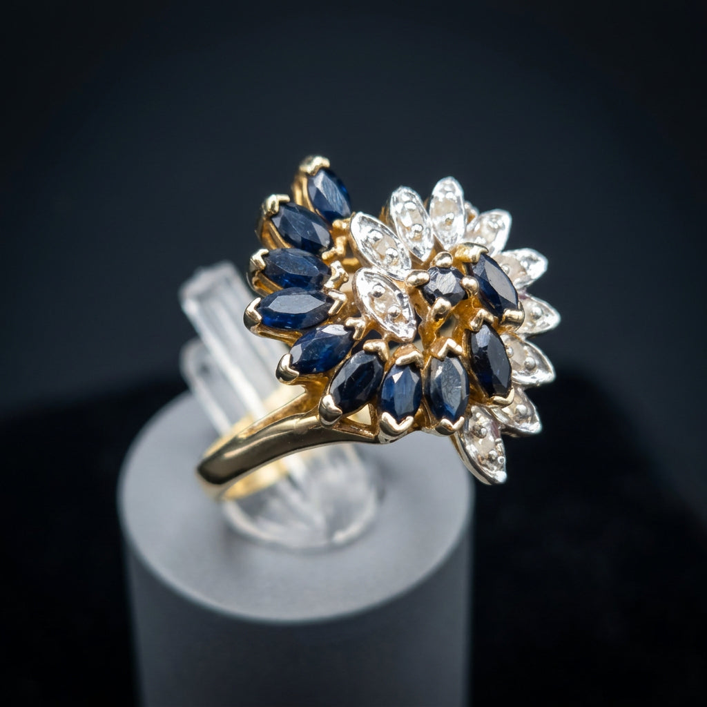 10K Solid Gold Blue Sapphire and Diamond Cluster Ring, Size 7, Vintage Floral Halo Design