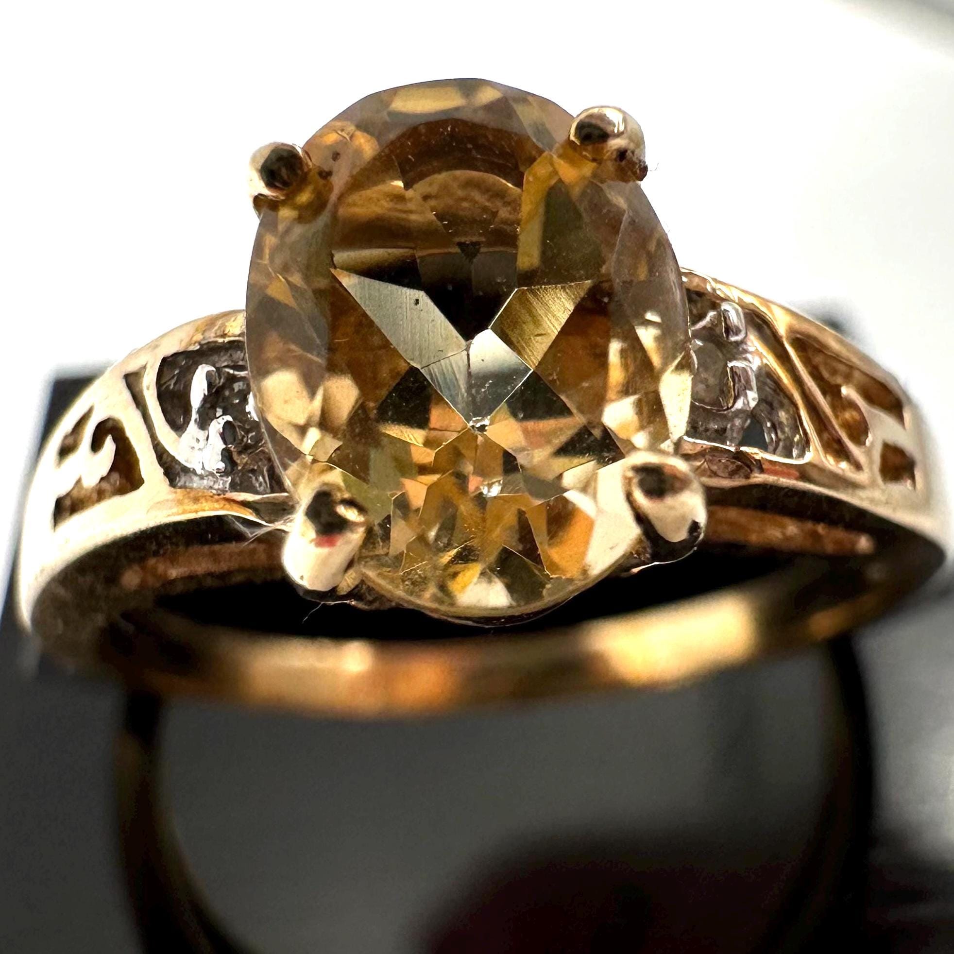 10K Solid Gold Citrine Ring, Oval Faceted Yellow Stone, Vintage Filigree Style Ring, Size 6.75