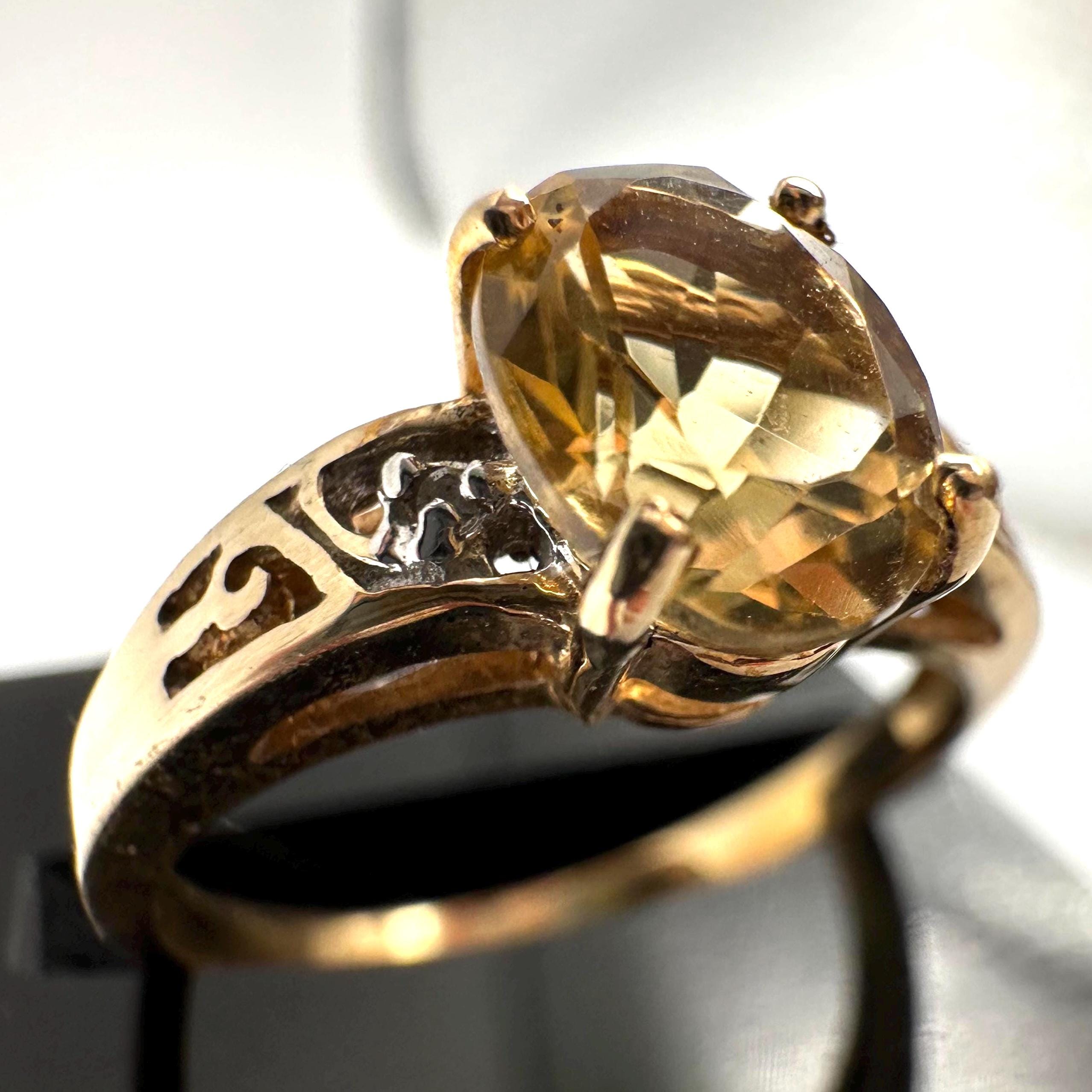 10K Solid Gold Citrine Ring, Oval Faceted Yellow Stone, Vintage Filigree Style Ring, Size 6.75