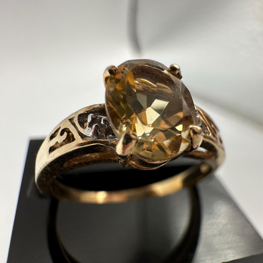 10K Solid Gold Citrine Ring, Oval Faceted Yellow Stone, Vintage Filigree Style Ring, Size 6.75