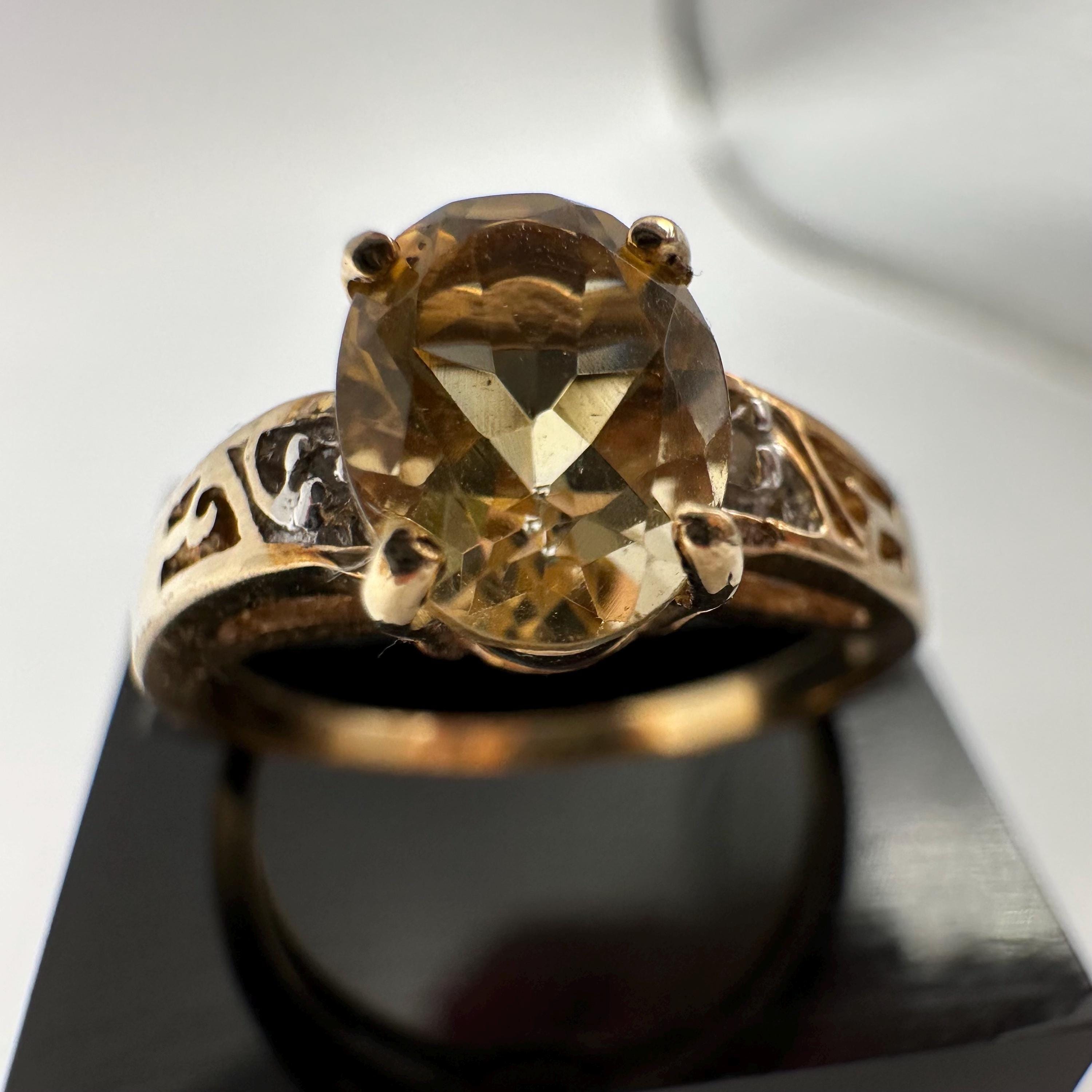 10K Solid Gold Citrine Ring, Oval Faceted Yellow Stone, Vintage Filigree Style Ring, Size 6.75