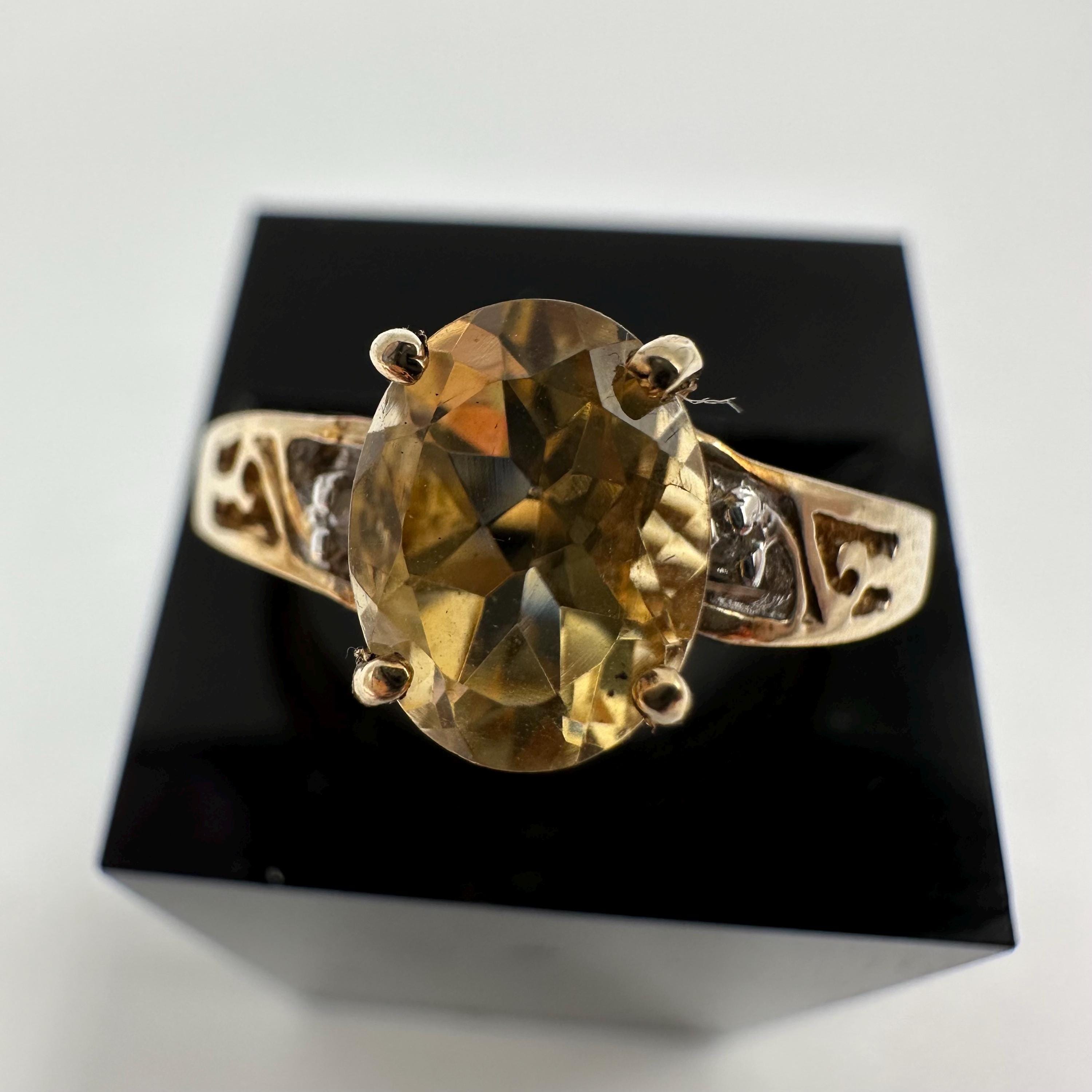 10K Solid Gold Citrine Ring, Oval Faceted Yellow Stone, Vintage Filigree Style Ring, Size 6.75