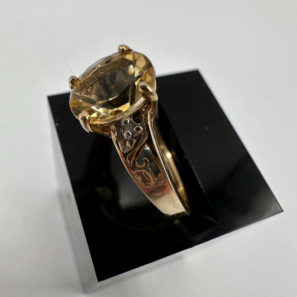 10K Solid Gold Citrine Ring, Oval Faceted Yellow Stone, Vintage Filigree Style Ring, Size 6.75