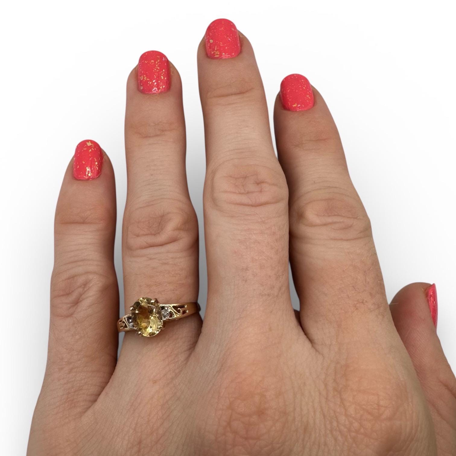 10K Solid Gold Citrine Ring, Oval Faceted Yellow Stone, Vintage Filigree Style Ring, Size 6.75