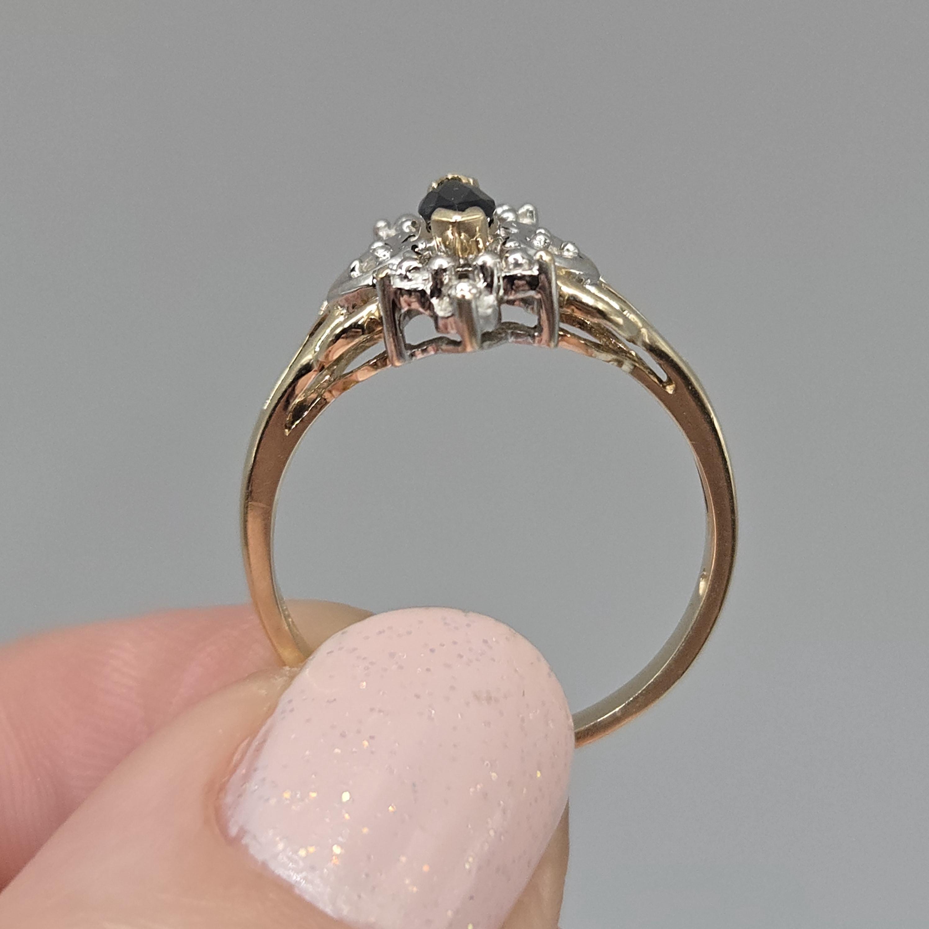 10K Solid Gold Dark Blue Topaz Ring with Diamond Accents, Size 7