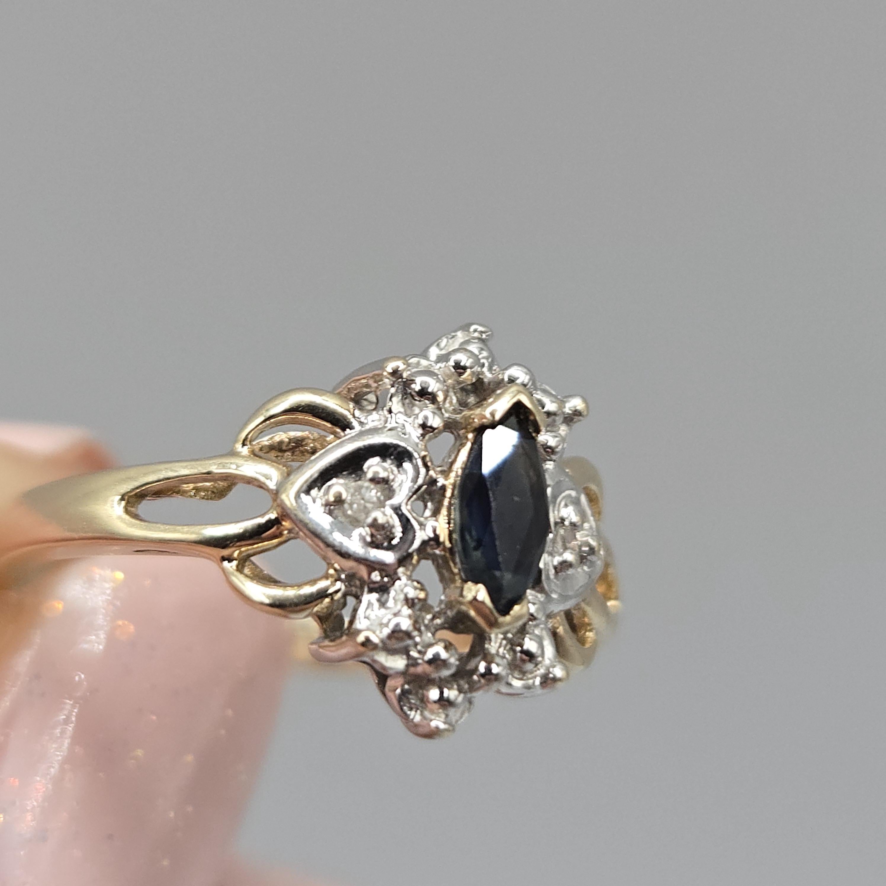 10K Solid Gold Dark Blue Topaz Ring with Diamond Accents, Size 7