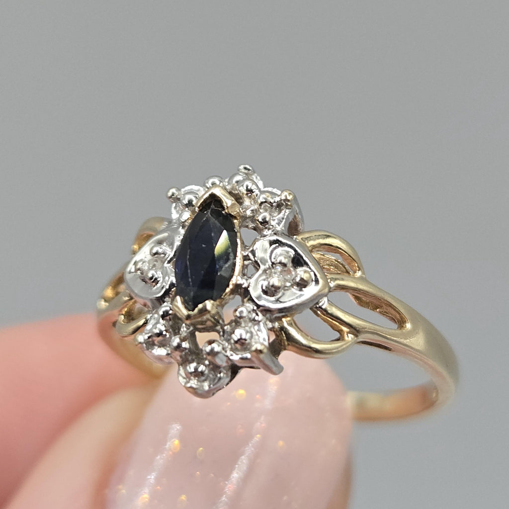 10K Solid Gold Dark Blue Topaz Ring with Diamond Accents, Size 7