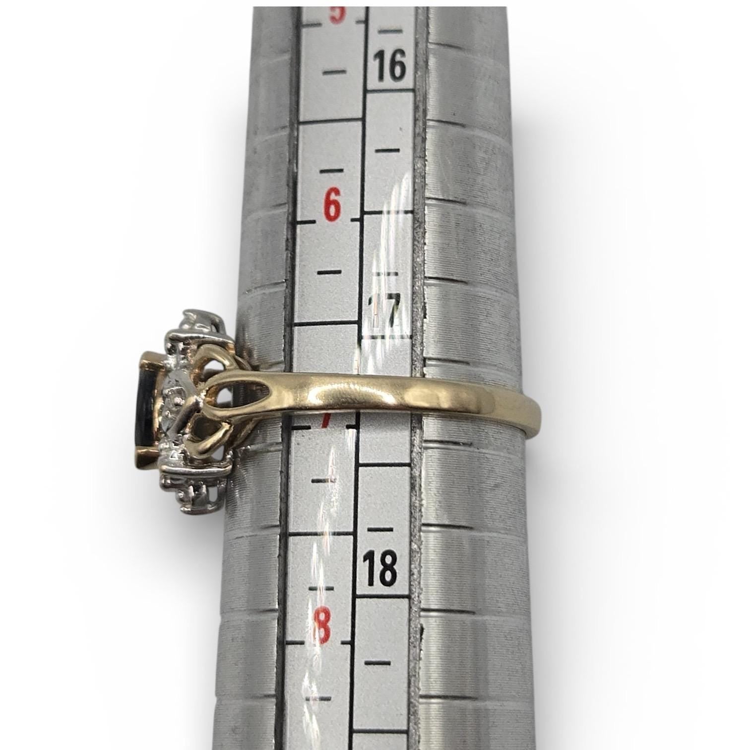 10K Solid Gold Dark Blue Topaz Ring with Diamond Accents, Size 7