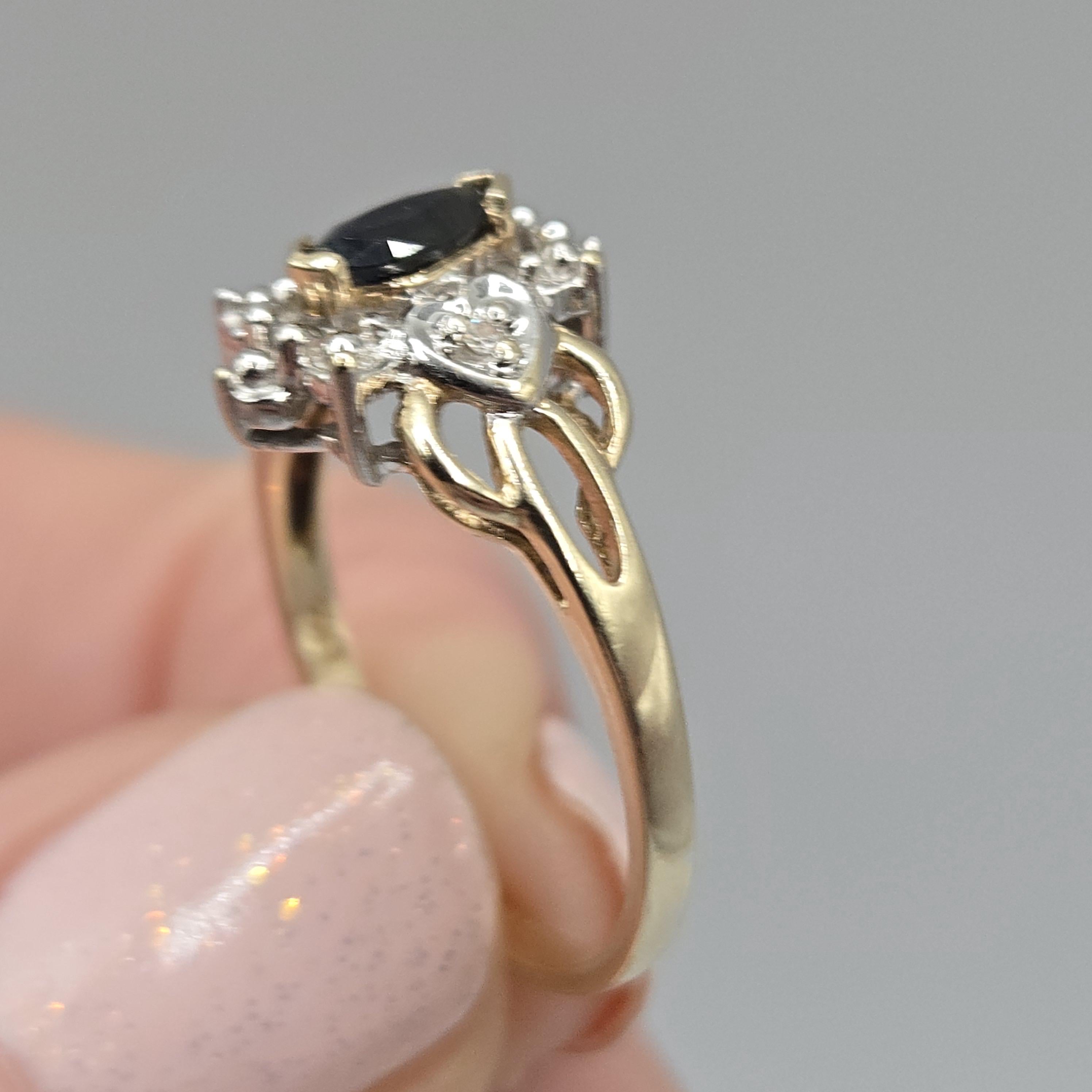 10K Solid Gold Dark Blue Topaz Ring with Diamond Accents, Size 7