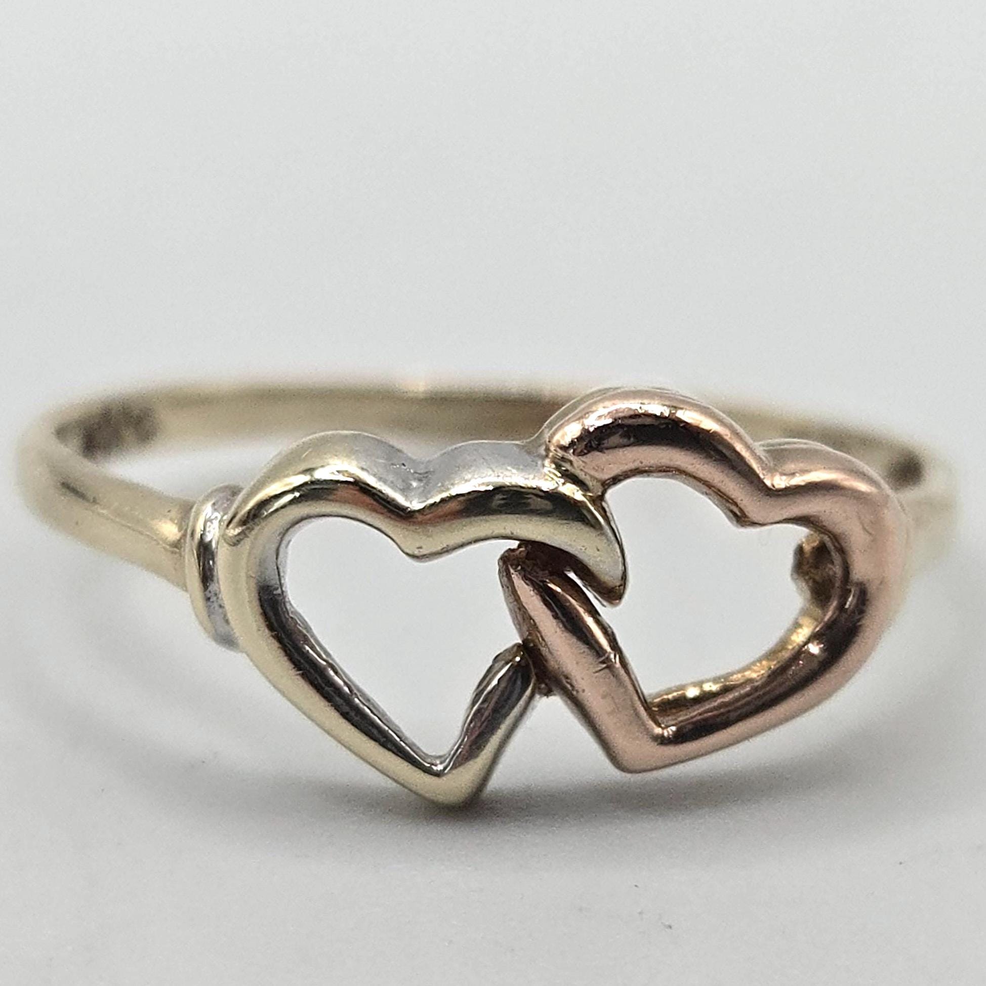 10K Solid Gold Double Heart Ring, Size 7, Two-Tone Interlocking Hearts