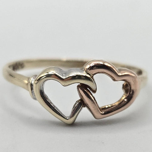 10K Solid Gold Double Heart Ring, Size 7, Two-Tone Interlocking Hearts