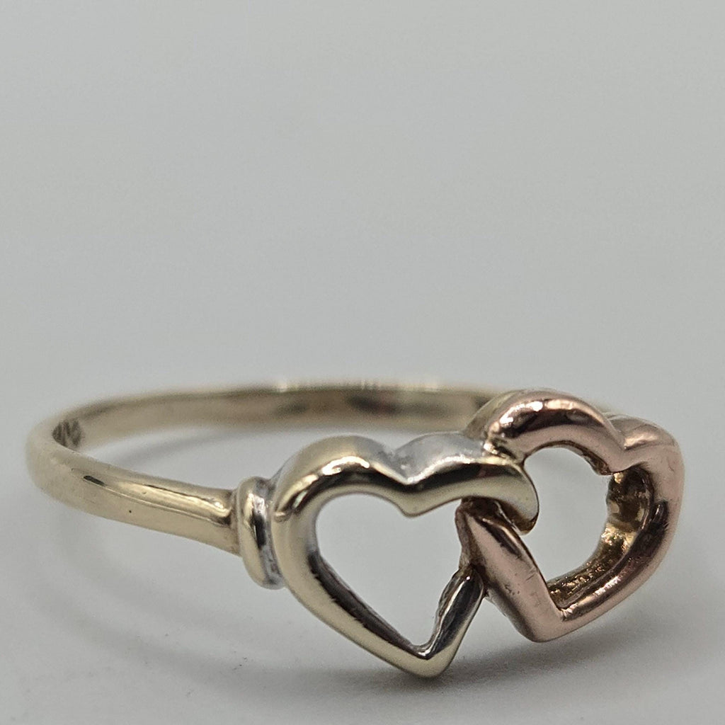 10K Solid Gold Double Heart Ring, Size 7, Two-Tone Interlocking Hearts