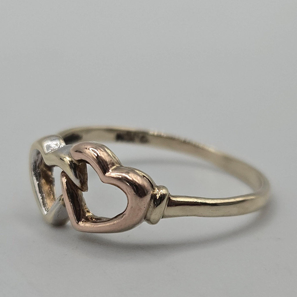 10K Solid Gold Double Heart Ring, Size 7, Two-Tone Interlocking Hearts