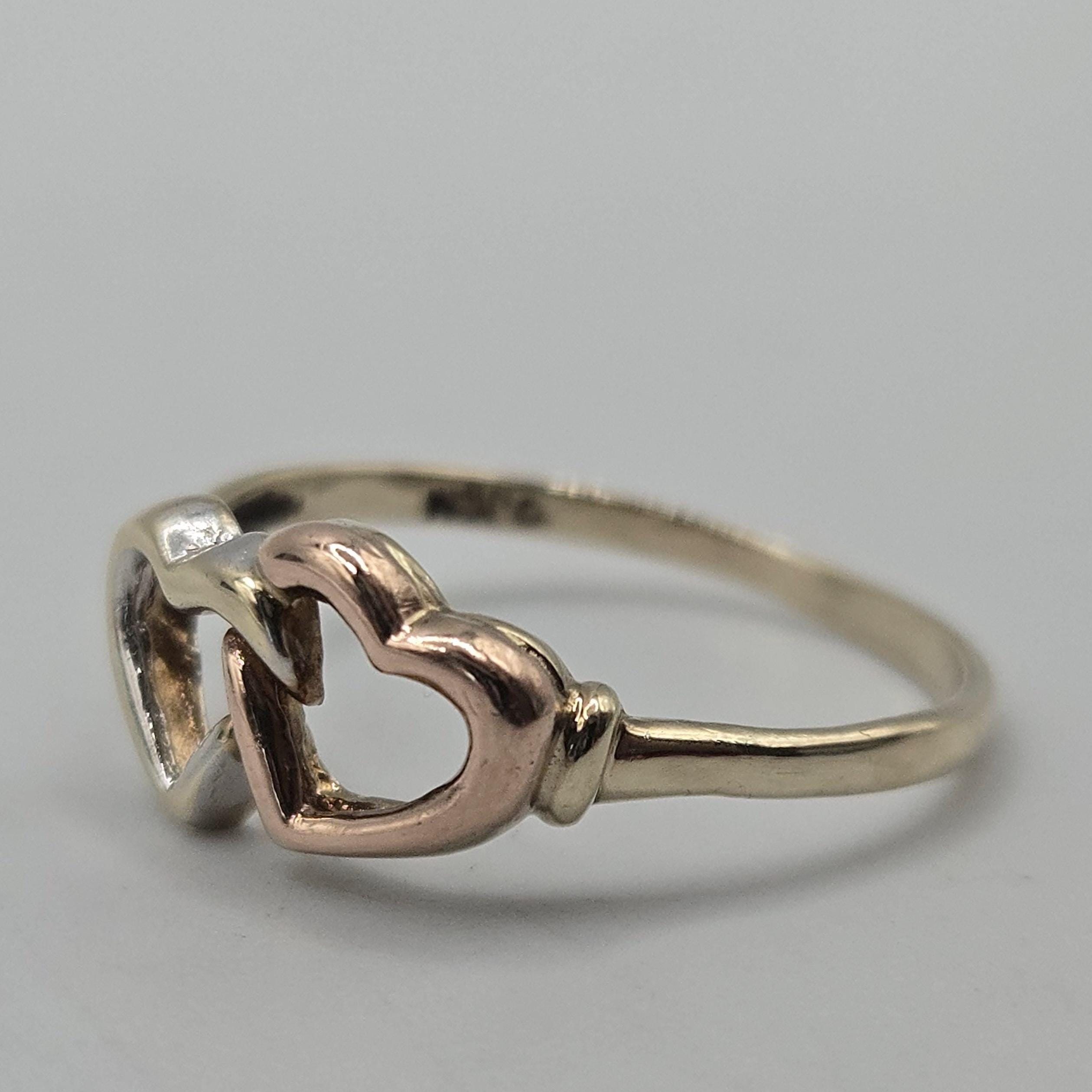 10K Solid Gold Double Heart Ring, Size 7, Two-Tone Interlocking Hearts