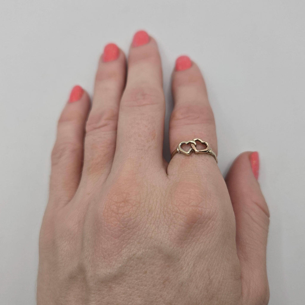 10K Solid Gold Double Heart Ring, Size 7, Two-Tone Interlocking Hearts