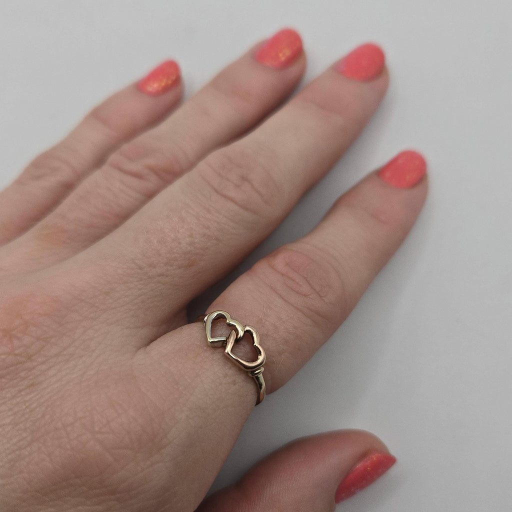 10K Solid Gold Double Heart Ring, Size 7, Two-Tone Interlocking Hearts