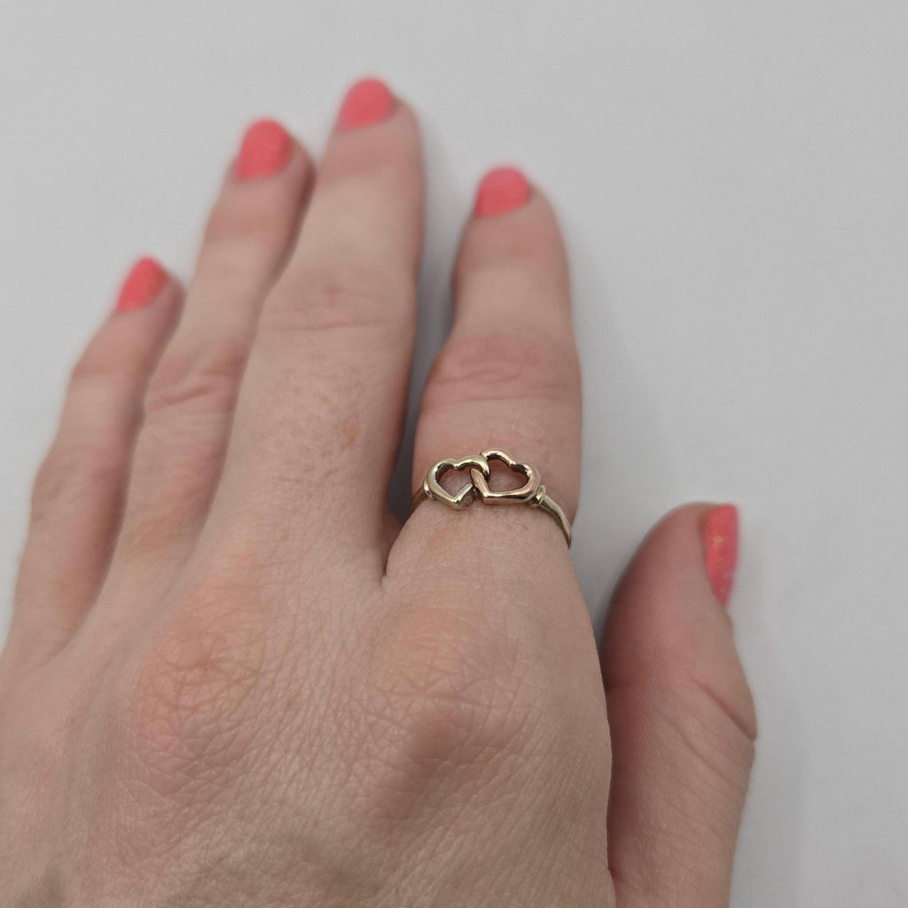 10K Solid Gold Double Heart Ring, Size 7, Two-Tone Interlocking Hearts
