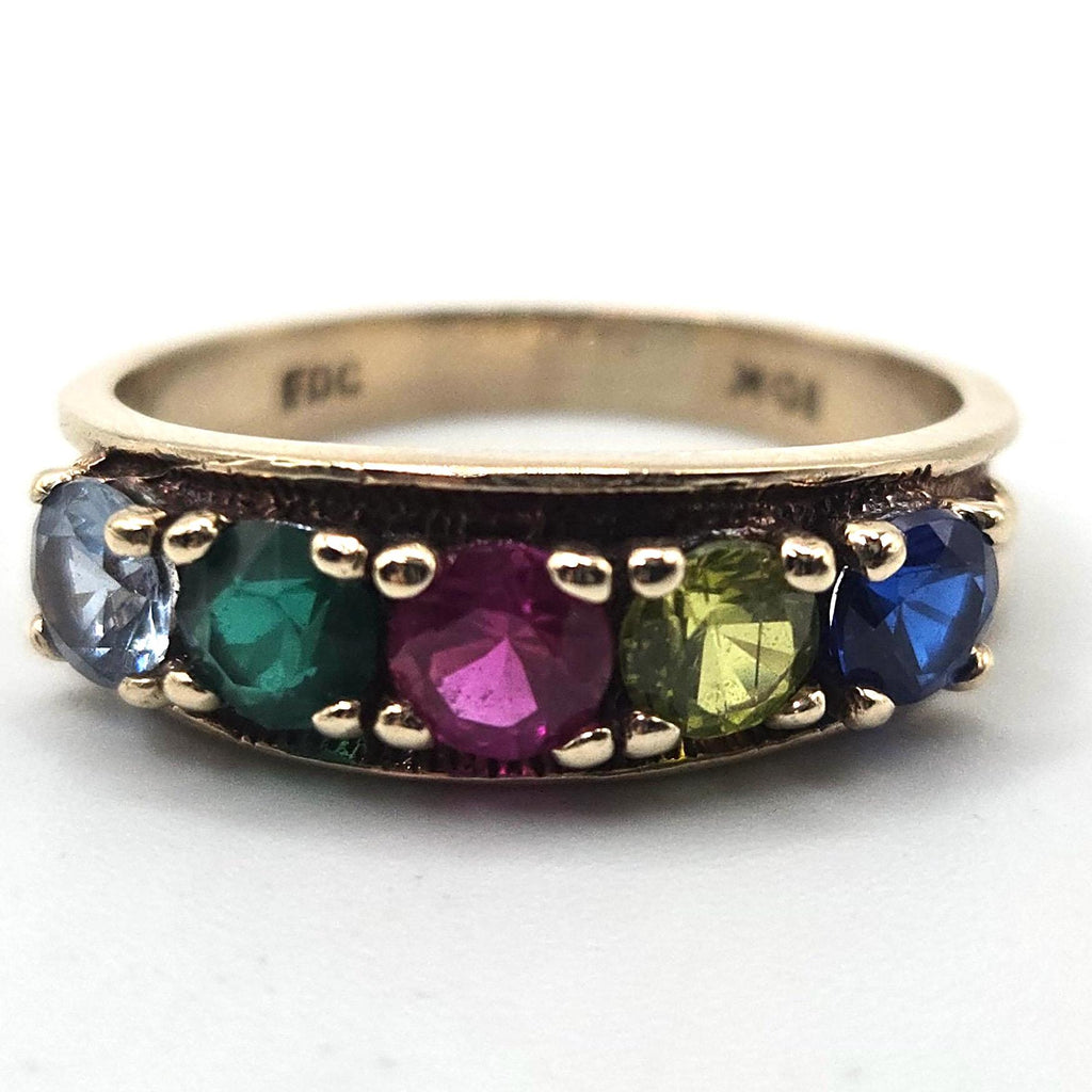 10K Solid Gold Five Stone Gem Ring, Blue Spinel, Green CZ, Ruby, Peridot, Aquamarine, Size 6.75