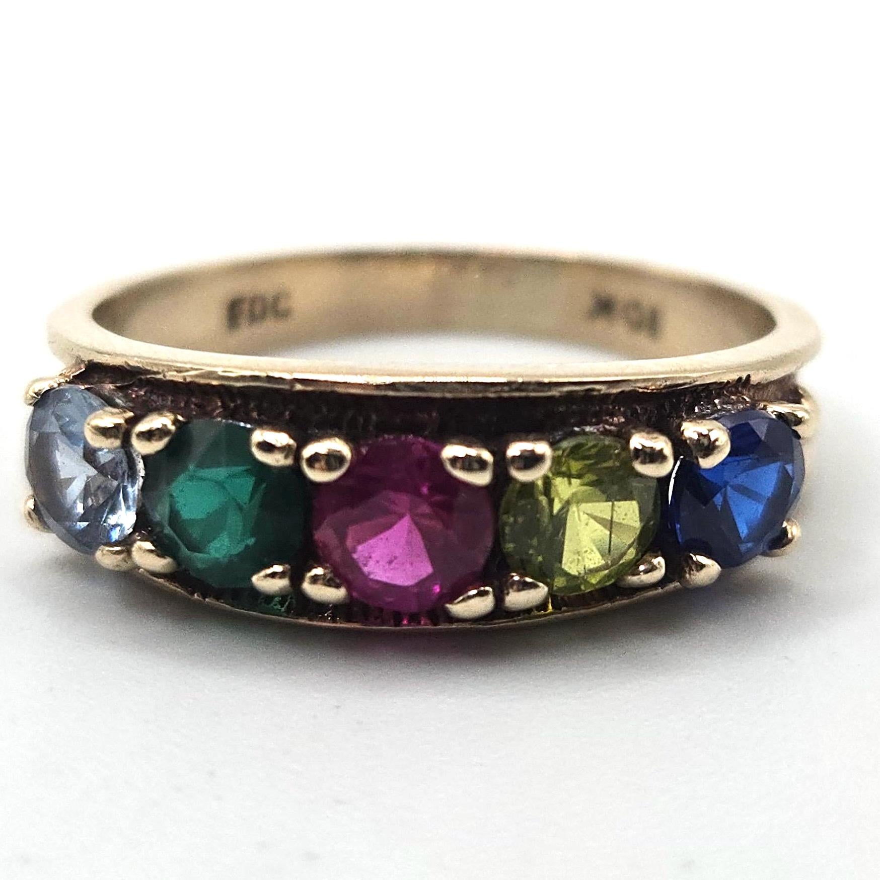 10K Solid Gold Five Stone Gem Ring, Blue Spinel, Green CZ, Ruby, Peridot, Aquamarine, Size 6.75