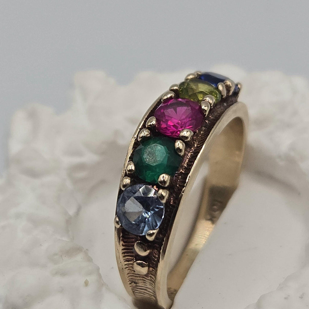 10K Solid Gold Five Stone Gem Ring, Blue Spinel, Green CZ, Ruby, Peridot, Aquamarine, Size 6.75