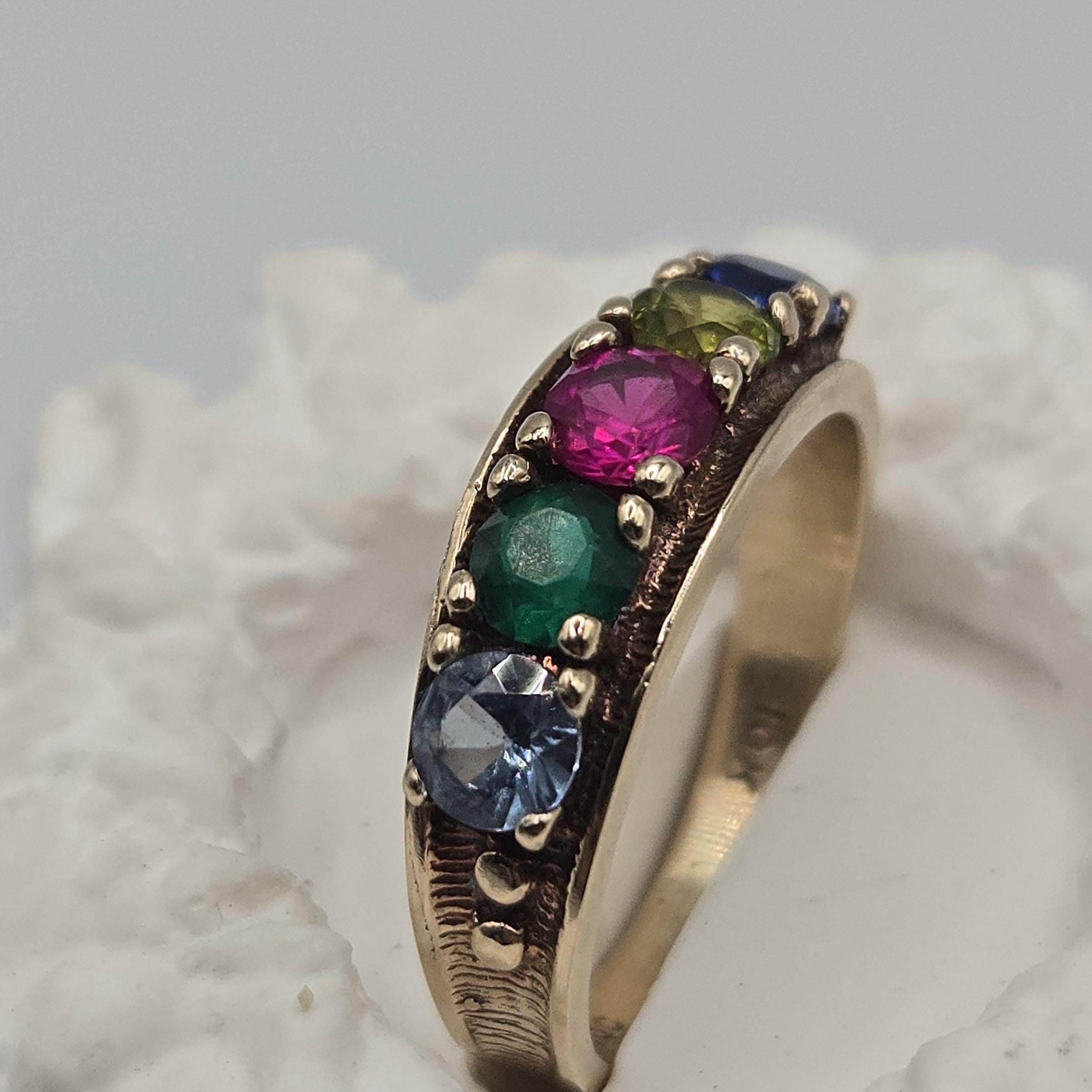 10K Solid Gold Five Stone Gem Ring, Blue Spinel, Green CZ, Ruby, Peridot, Aquamarine, Size 6.75