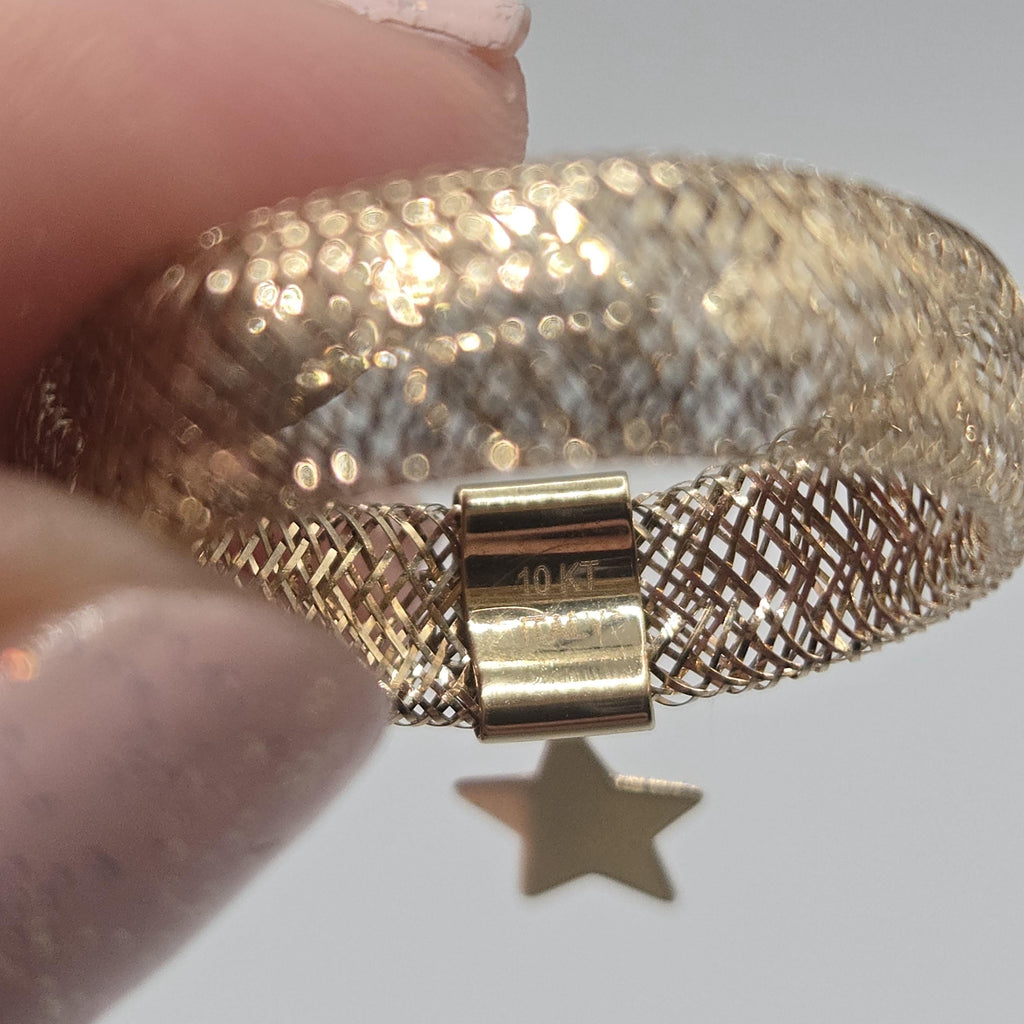 10K Solid Gold Mesh Ring with Star Charm, Stretch Ring, Size 9 and Up