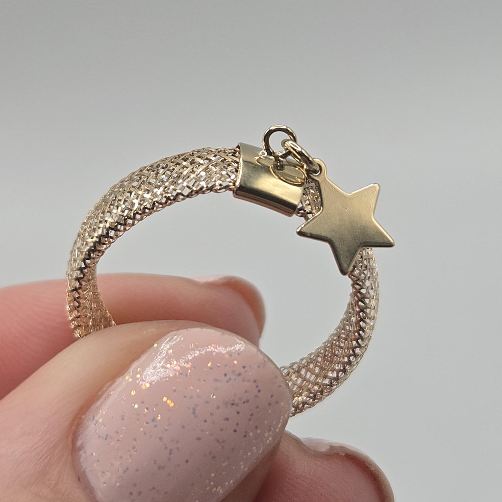 10K Solid Gold Mesh Ring with Star Charm, Stretch Ring, Size 9 and Up