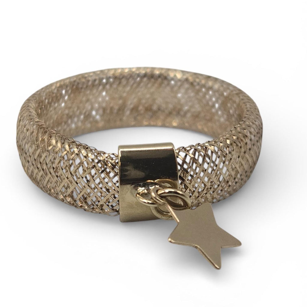 10K Solid Gold Mesh Ring with Star Charm, Stretch Ring, Size 9 and Up