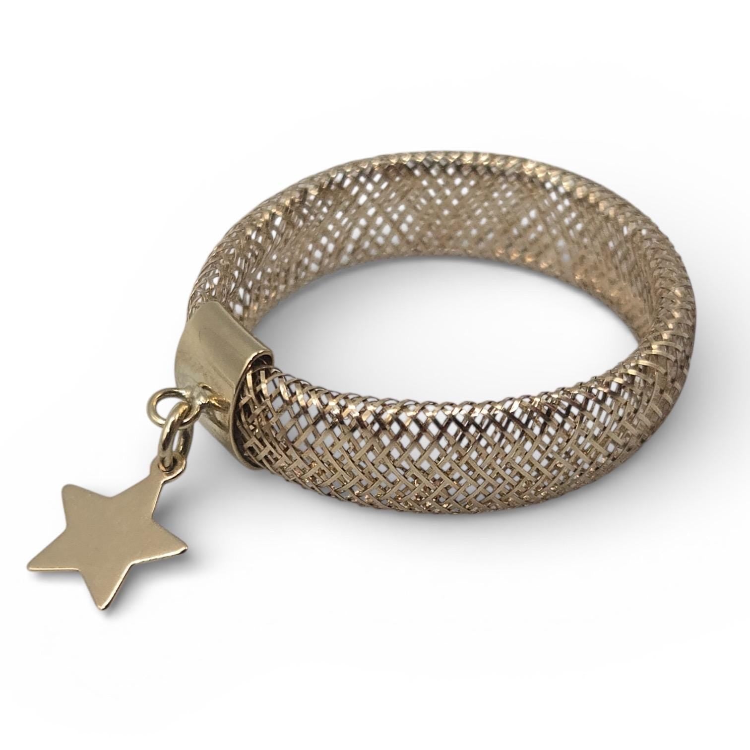 10K Solid Gold Mesh Ring with Star Charm, Stretch Ring, Size 9 and Up