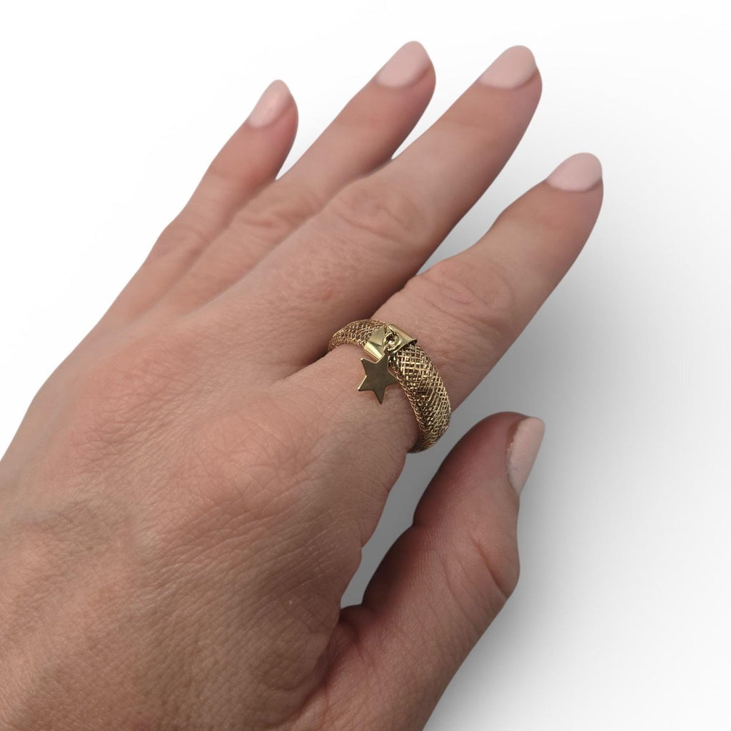 10K Solid Gold Mesh Ring with Star Charm, Stretch Ring, Size 9 and Up
