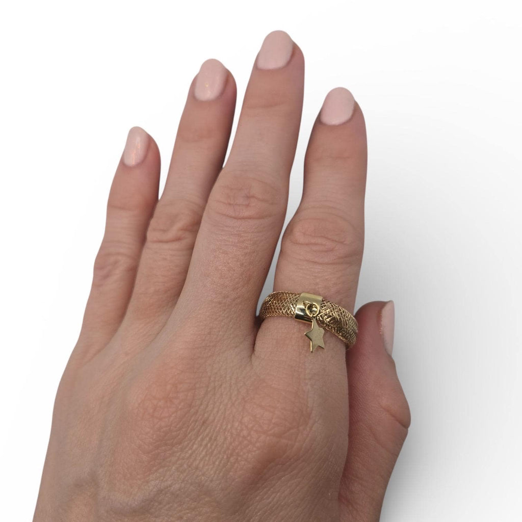 10K Solid Gold Mesh Ring with Star Charm, Stretch Ring, Size 9 and Up