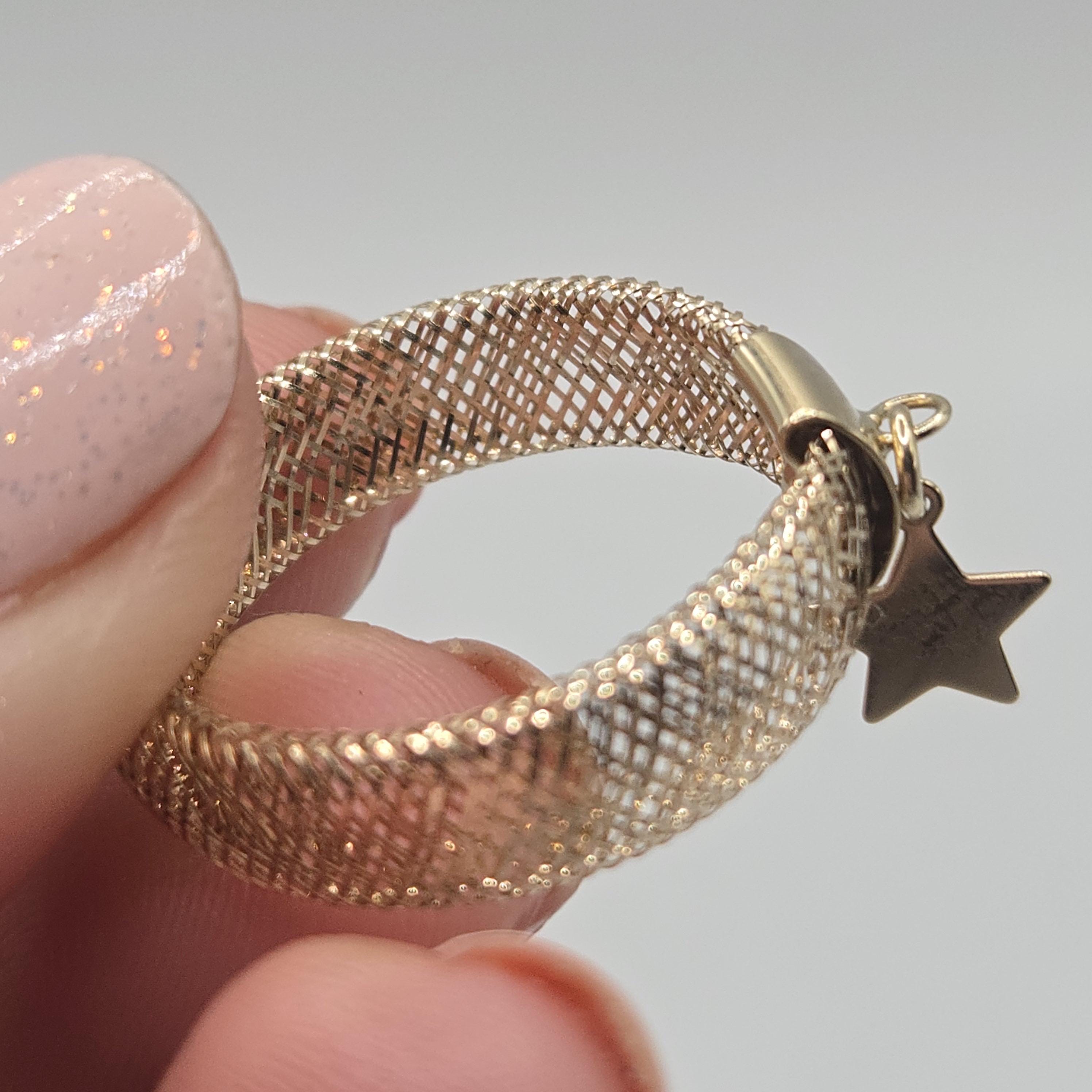 10K Solid Gold Mesh Ring with Star Charm, Stretch Ring, Size 9 and Up